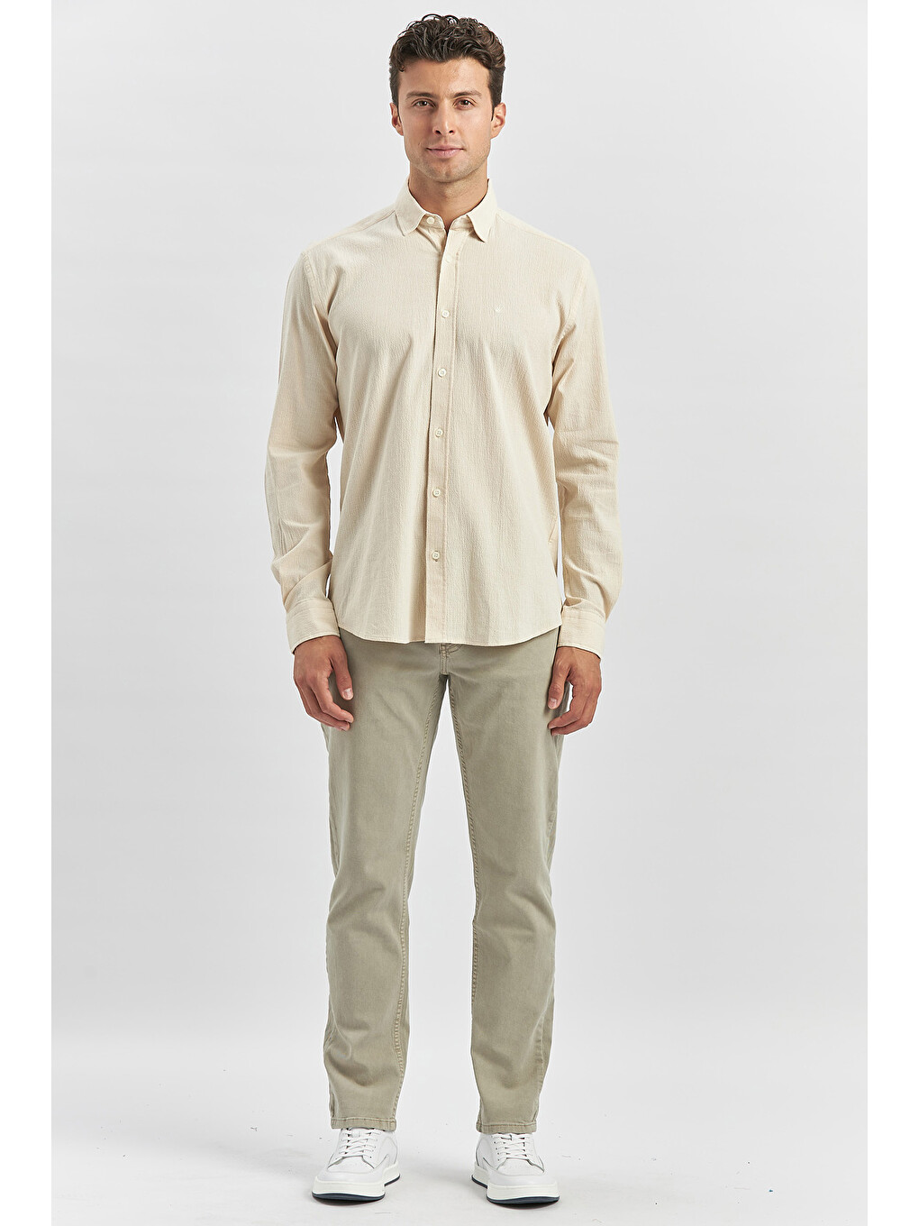 Bej Uzun Kollu Gofreli Biyeli %100 Pamuk Casual Slim Fit Dar Kesim Gömlek 1004240247-4