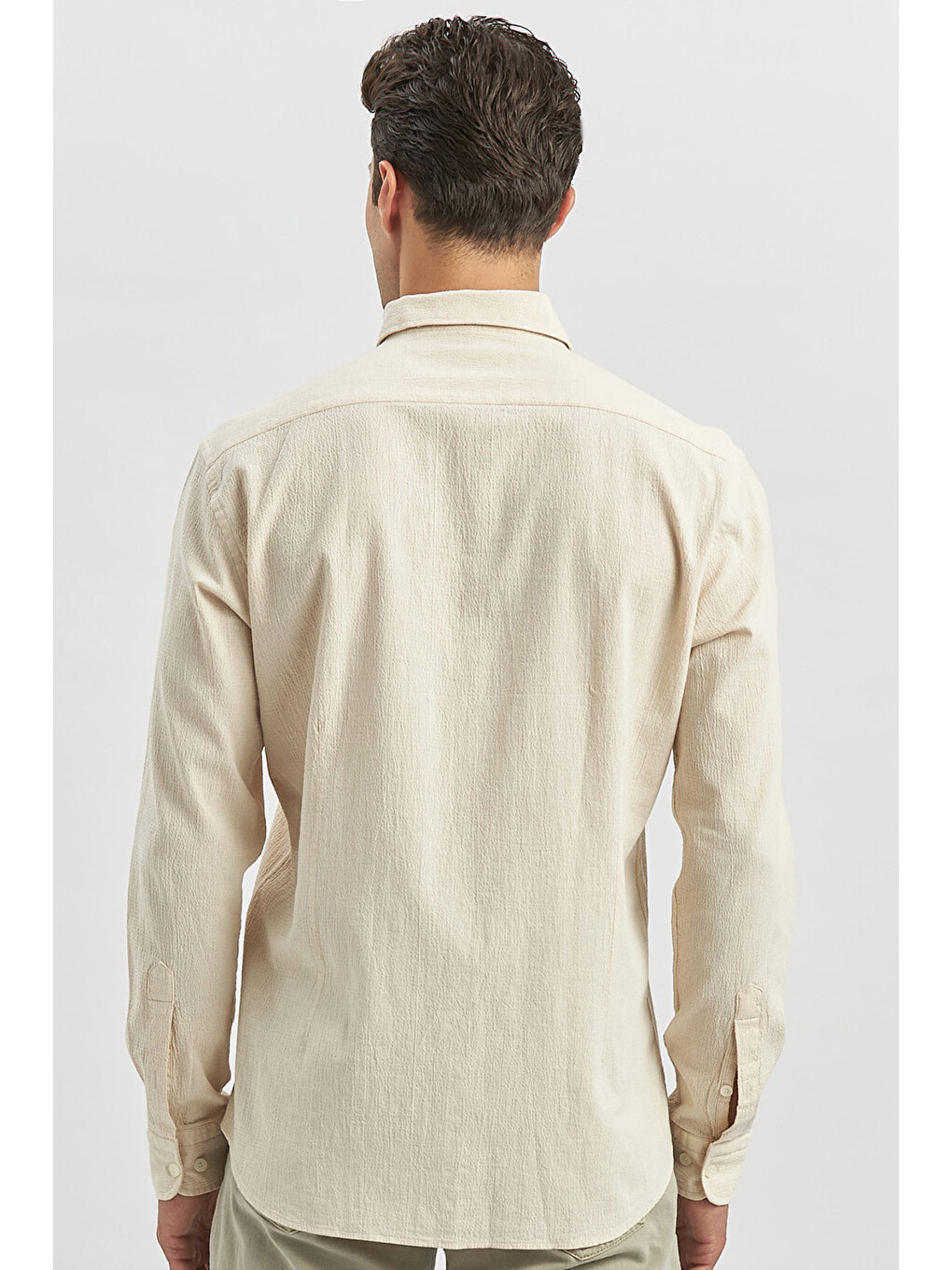 Bej Uzun Kollu Gofreli Biyeli %100 Pamuk Casual Slim Fit Dar Kesim Gömlek 1004240247-5