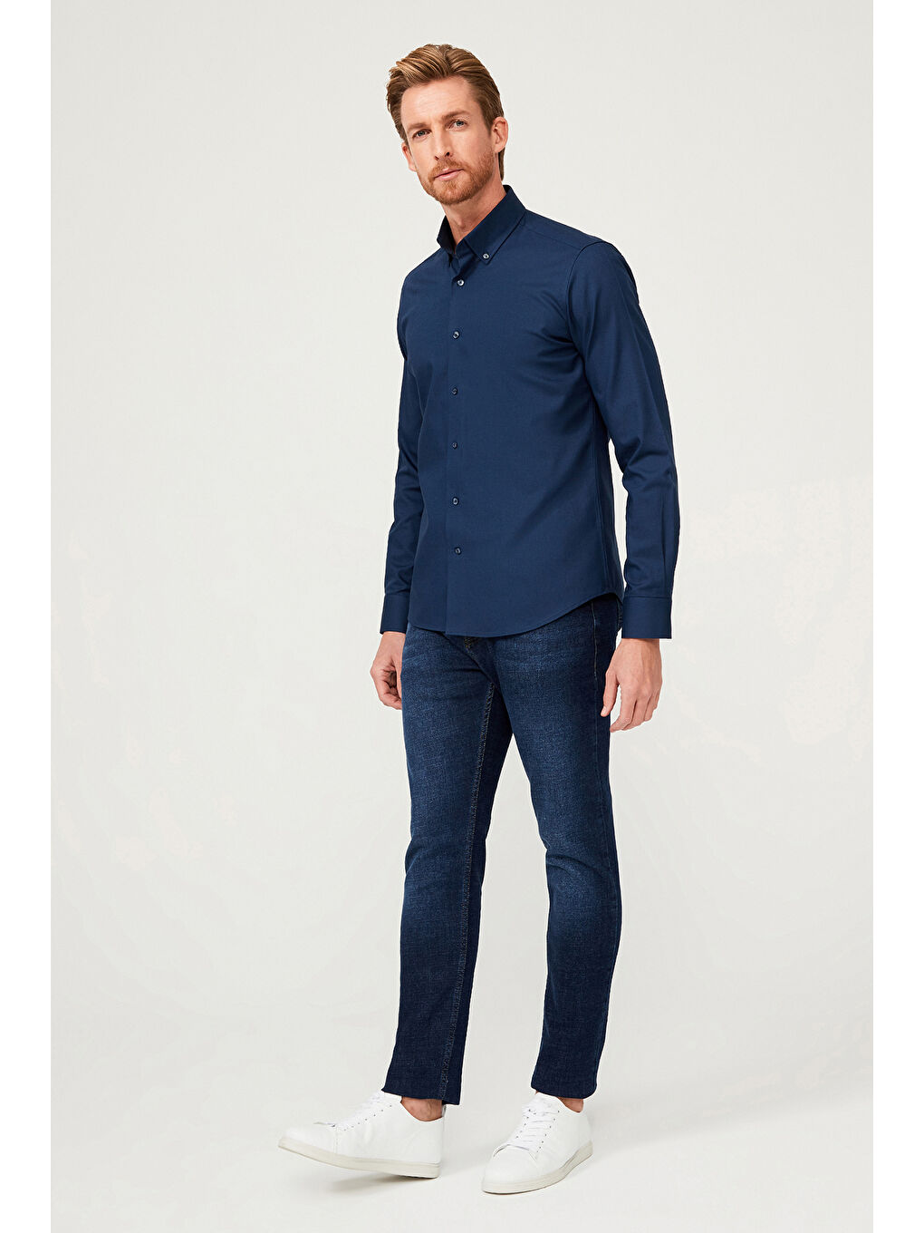 Lacivert Uzun Kol Slim Fit Dar Kesim Pamuk Gömlek-3