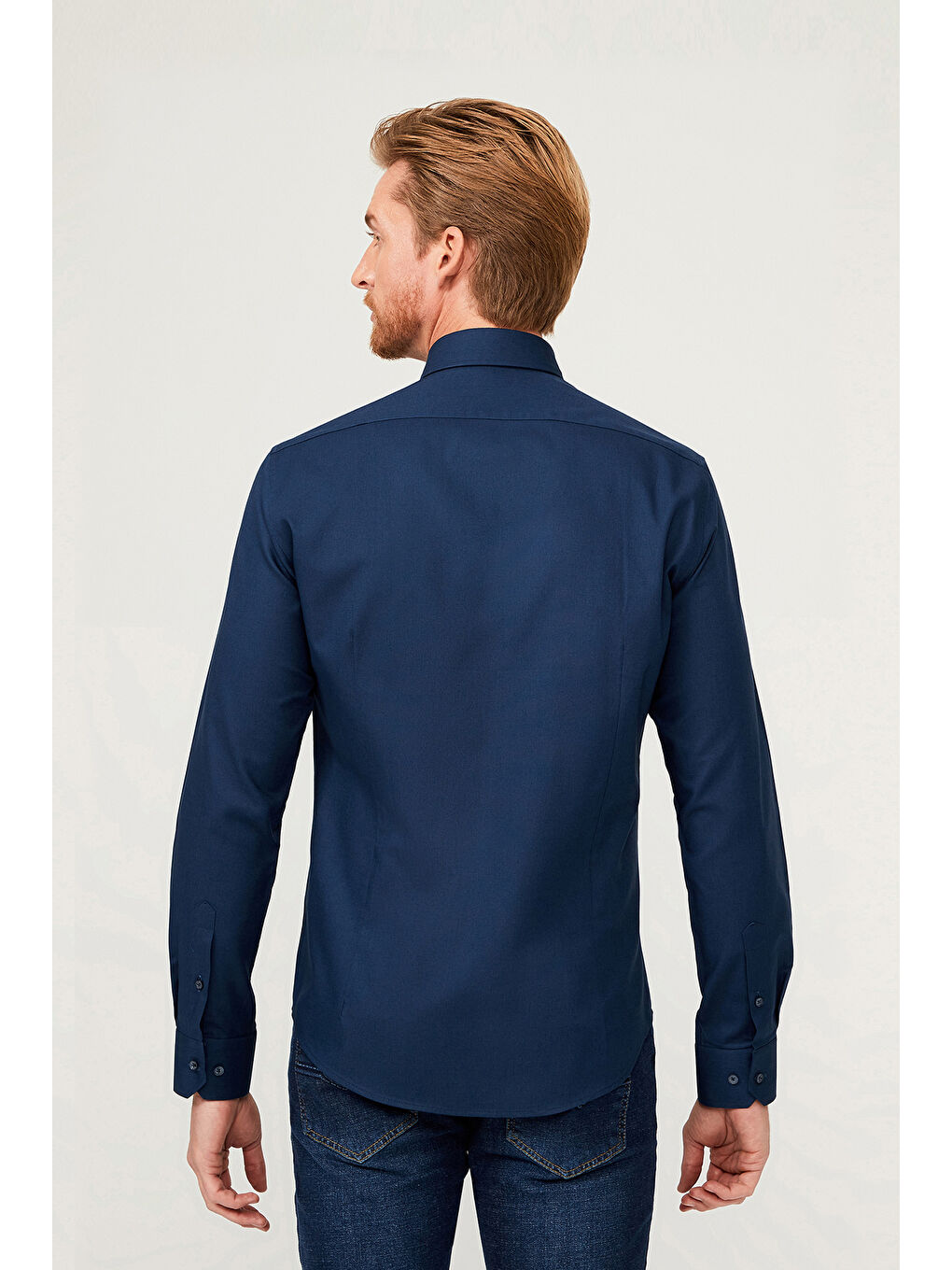 Lacivert Uzun Kol Slim Fit Dar Kesim Pamuk Gömlek-5