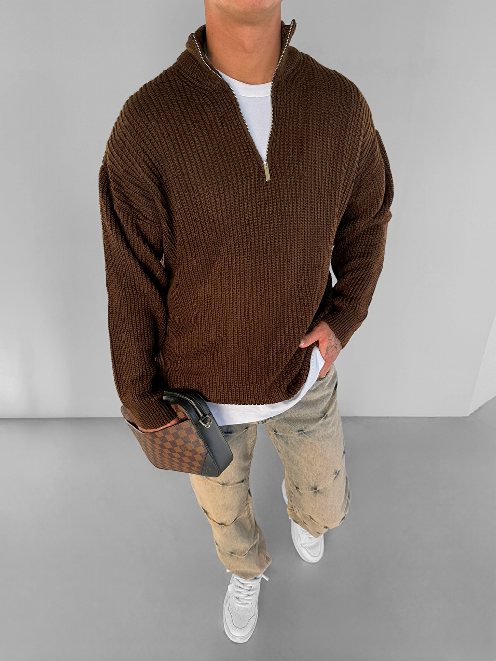 Kahverengi Erkek Oversize Yarım Fermuarlı Kazak Kahve-2