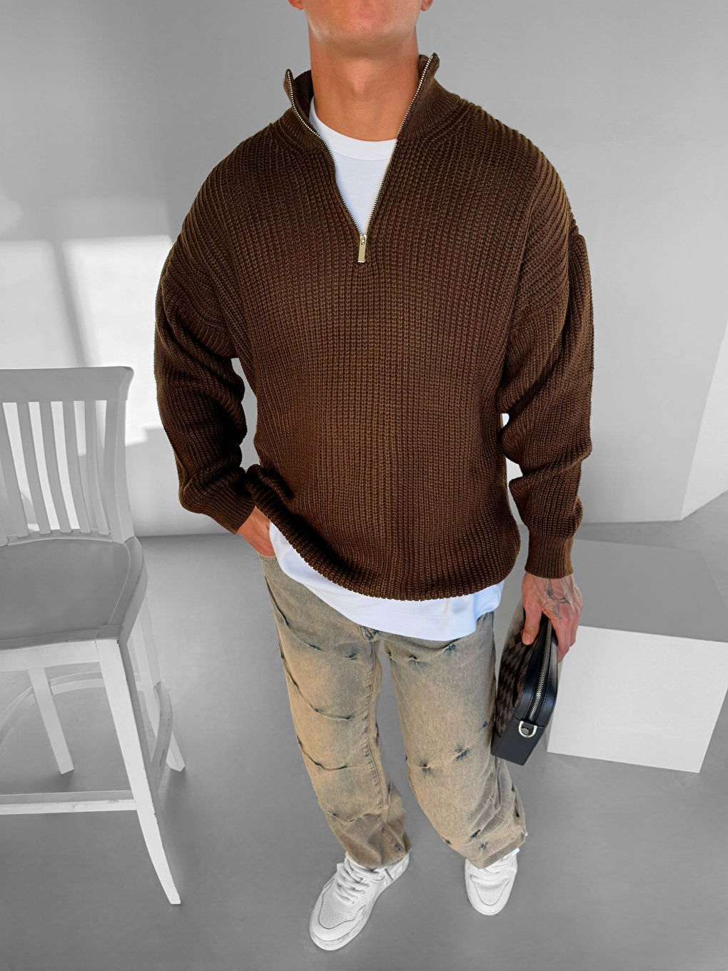 Kahverengi Erkek Oversize Yarım Fermuarlı Kazak Kahve-3