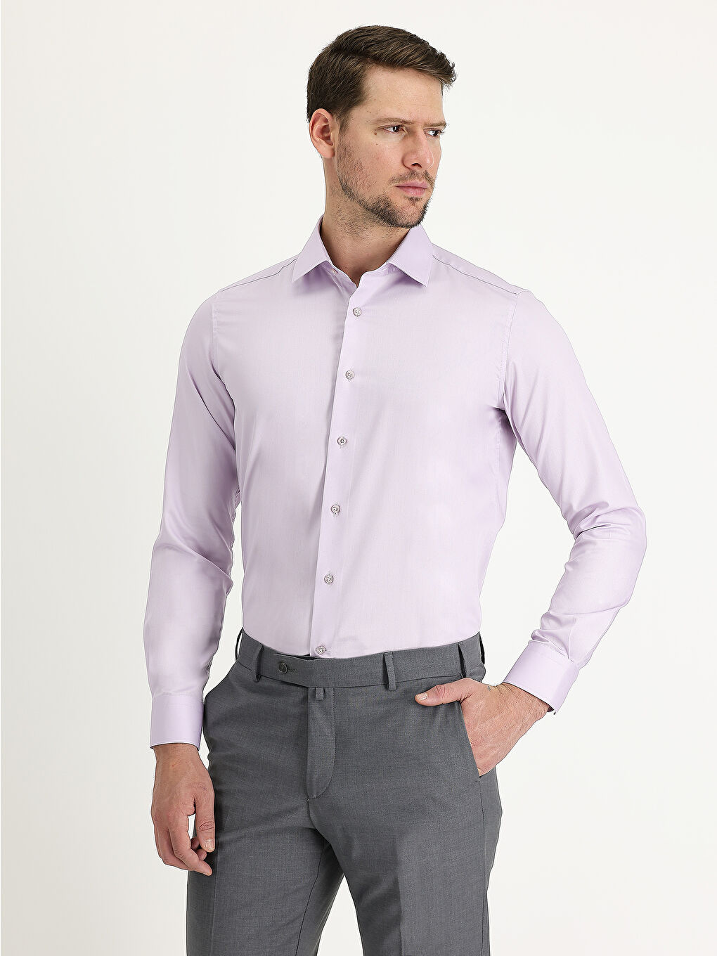 Lila Uzun Kol Slim Fit Dar Kesim Non Iron Saten Pamuklu Gömlek-2