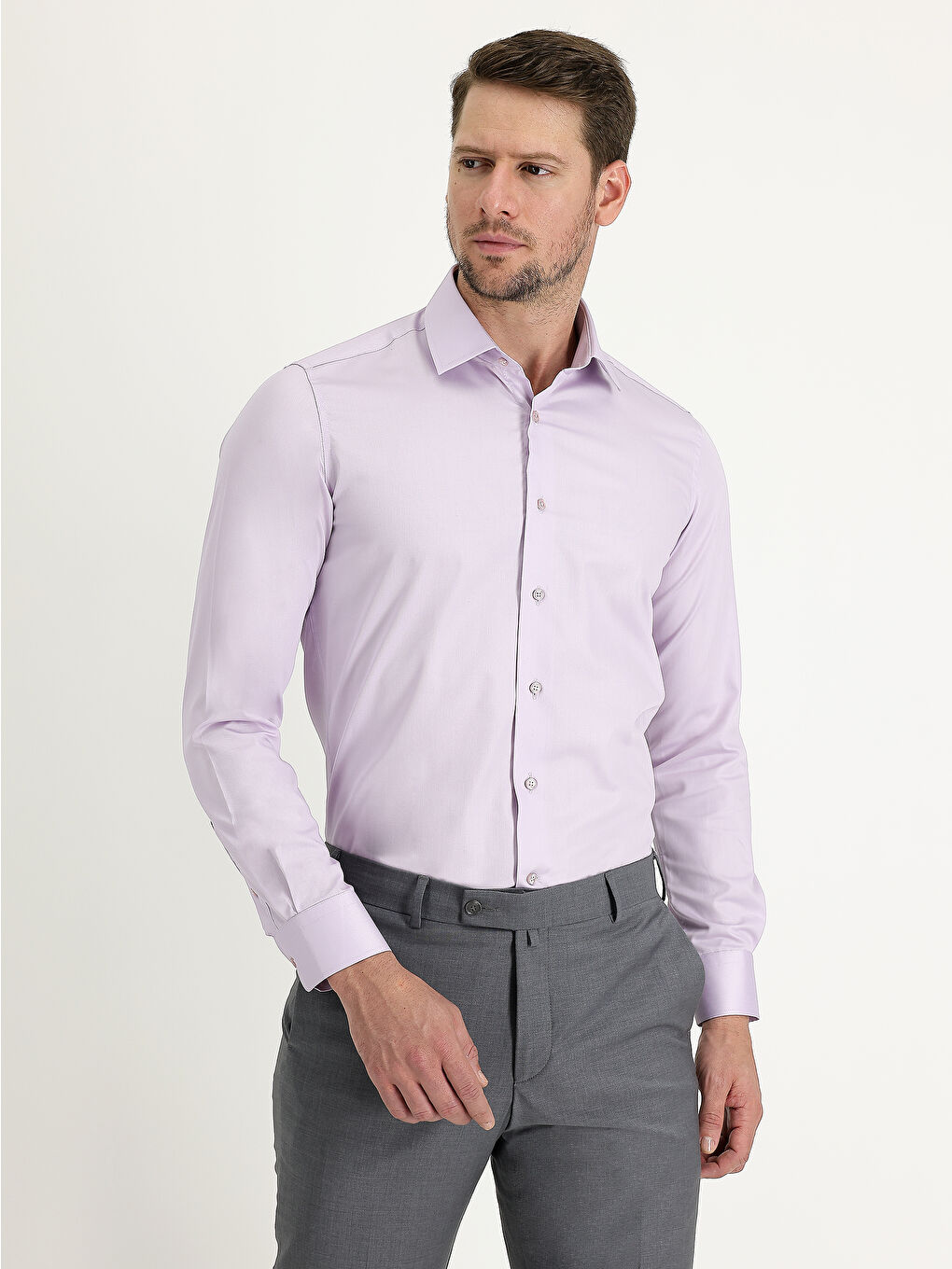 Lila Uzun Kol Slim Fit Dar Kesim Non Iron Saten Pamuklu Gömlek-3