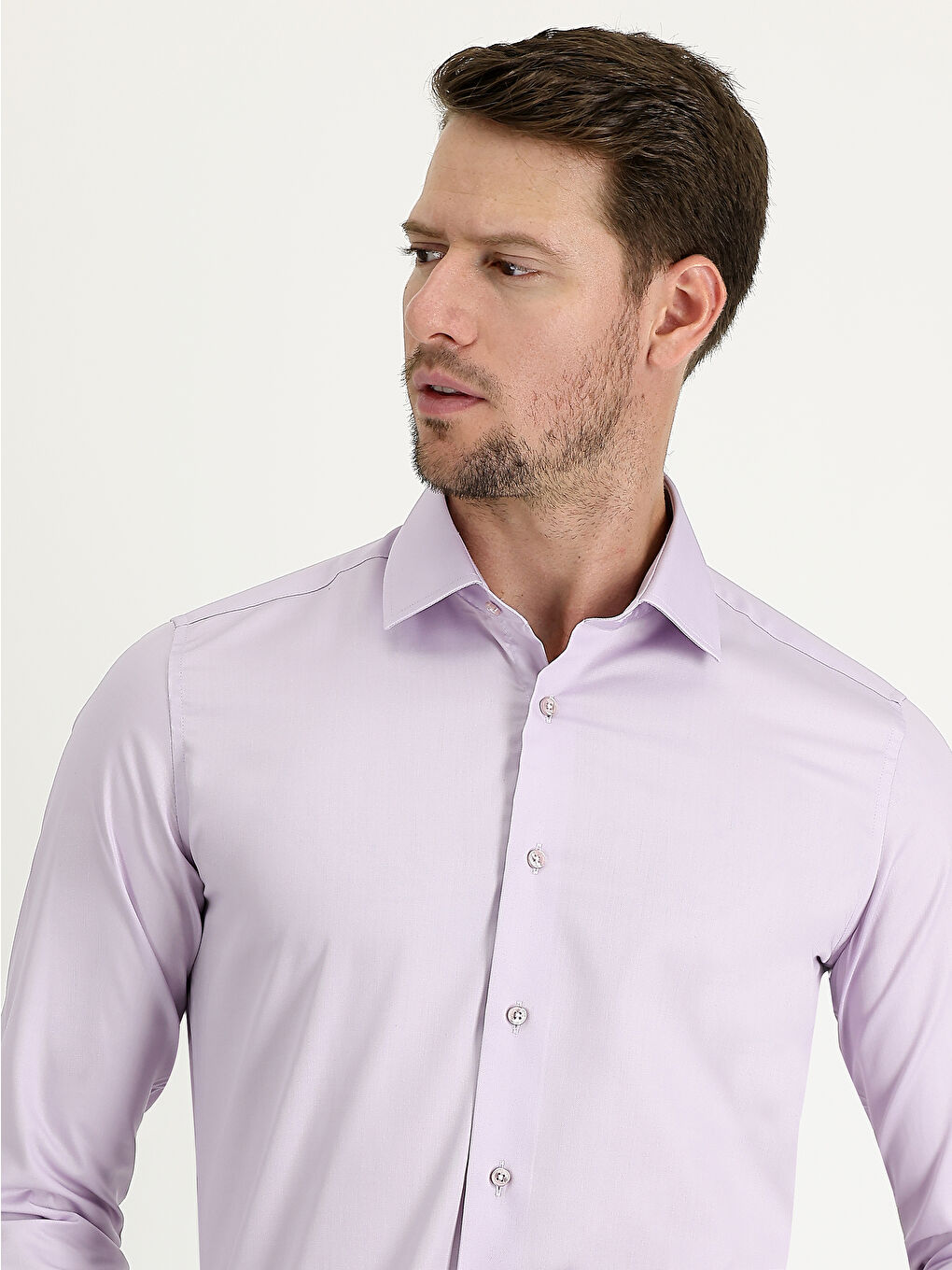 Lila Uzun Kol Slim Fit Dar Kesim Non Iron Saten Pamuklu Gömlek-6