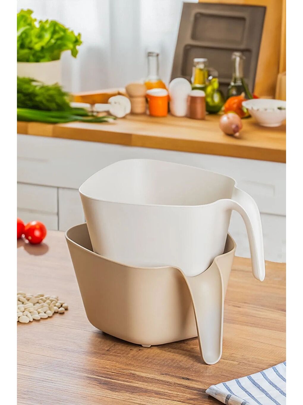 Ekru G-576 2 Parça Plastik Süzgeç Çok Amaçlı Makarna Meyve Sebze Pirinç Yıkama Süzgeci Bej Beyaz-1