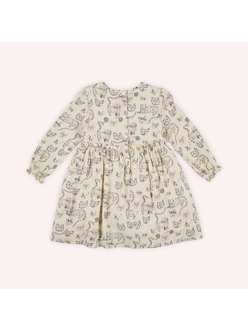 Ekru Kız Çocuk Kedi Desenli Müslin Elbise-9