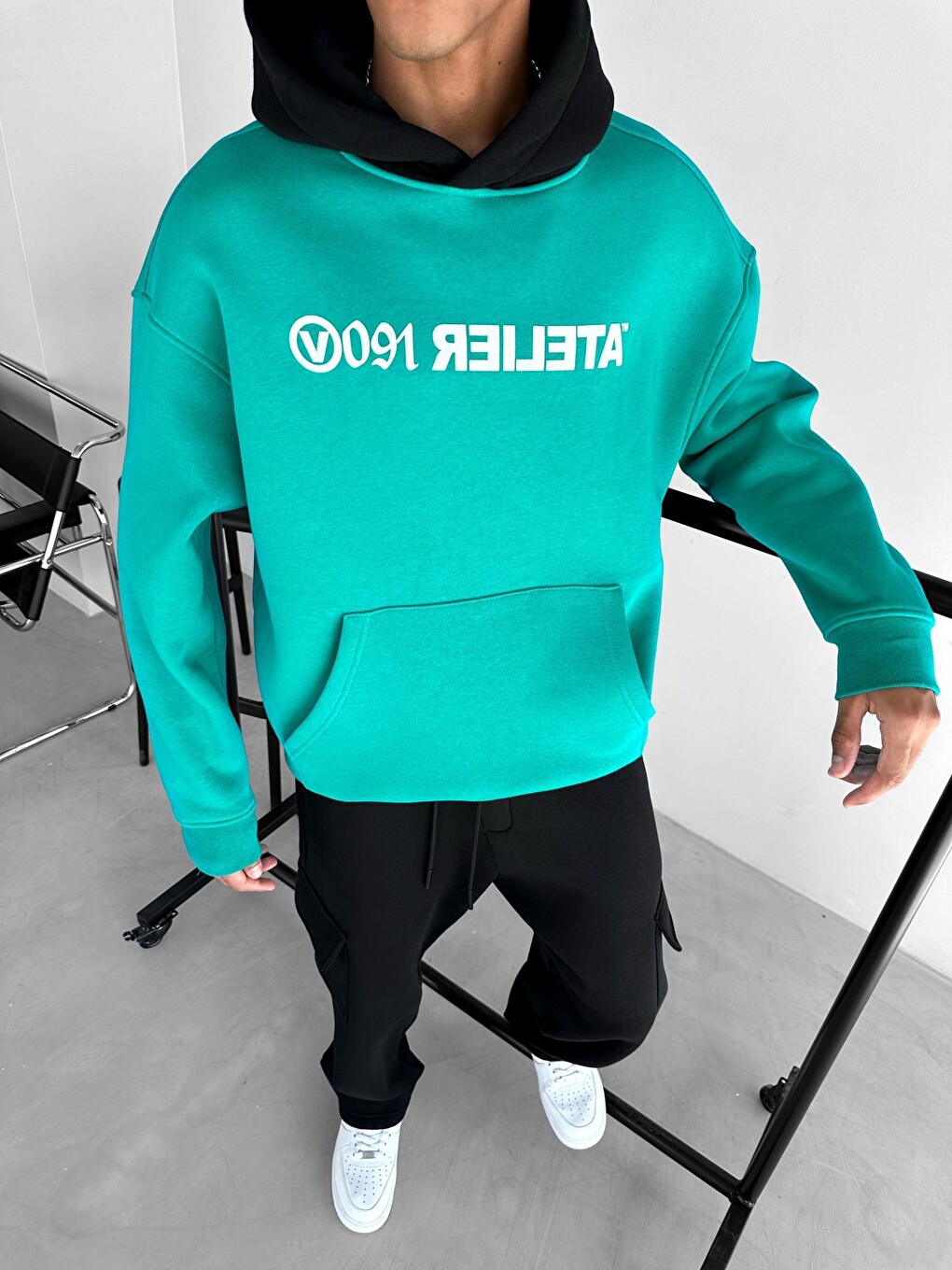 Oversize Baskılı Kapüşonlu Sweatshirt Yeşil