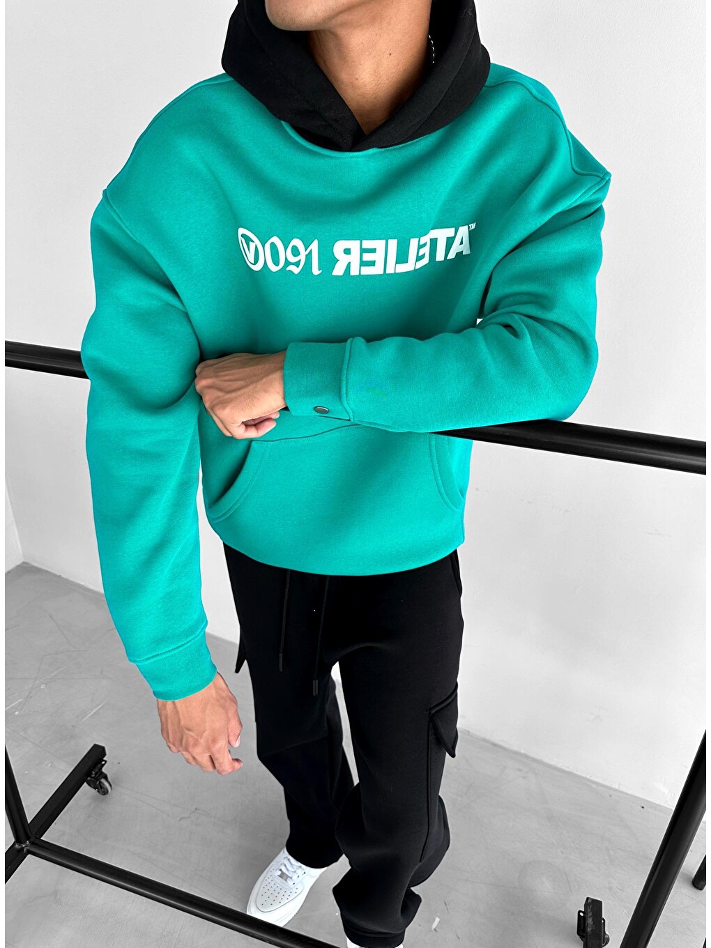 Oversize Baskılı Kapüşonlu Sweatshirt Yeşil-1