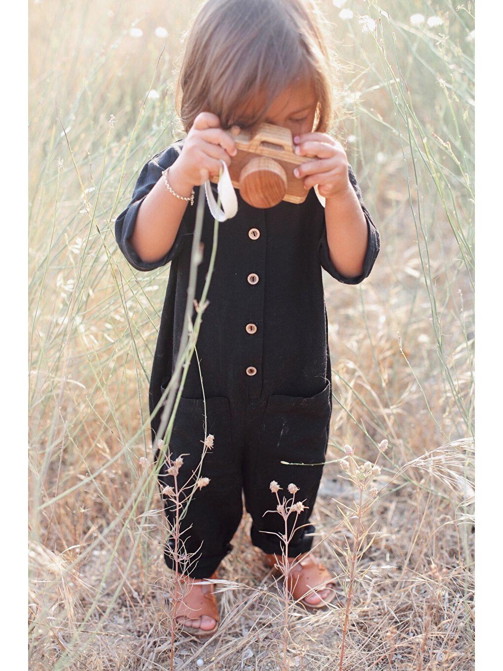 Siyah Keten Kısa Kollu Cepli Tulum