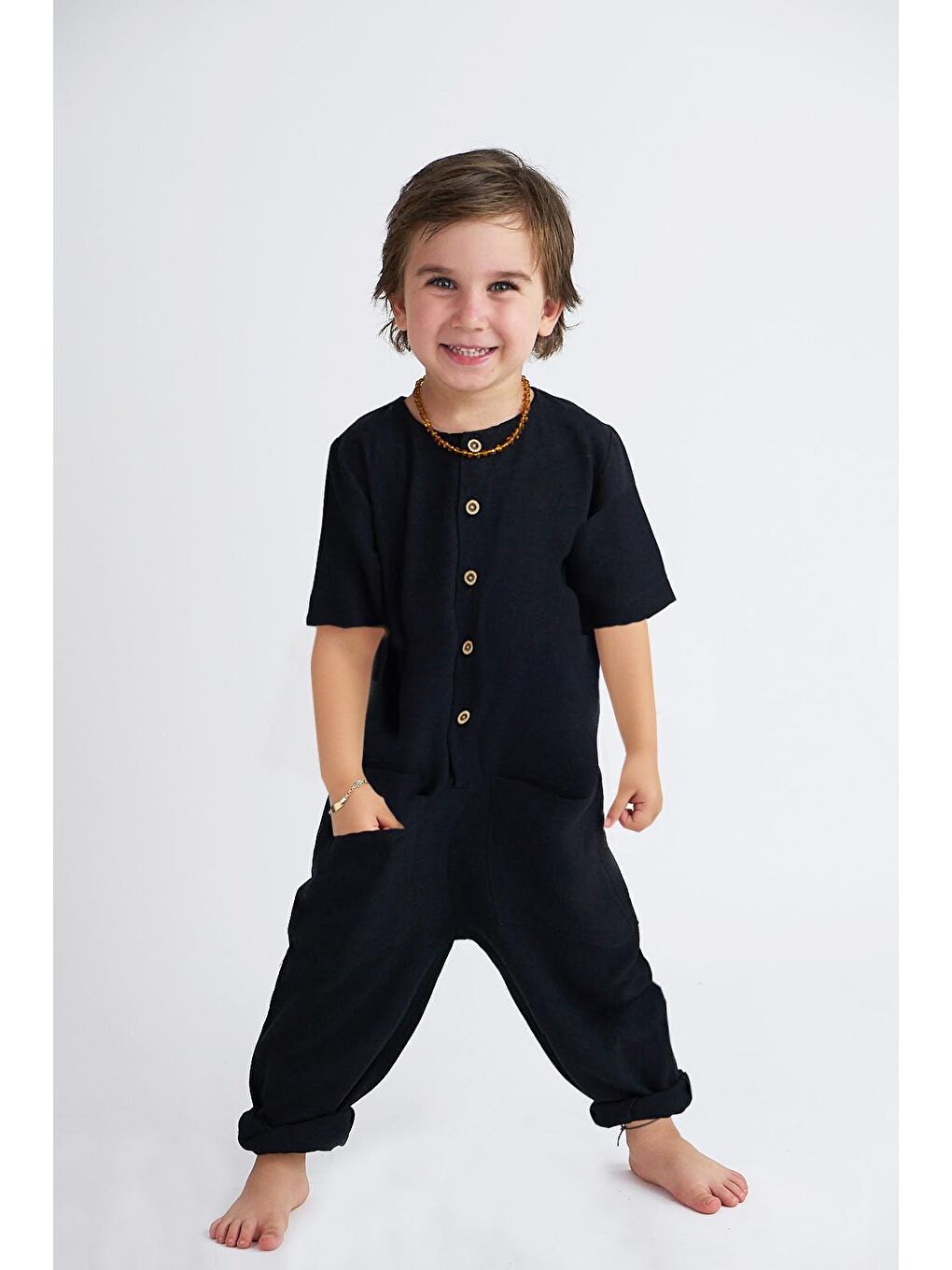 Siyah Keten Kısa Kollu Cepli Tulum-2