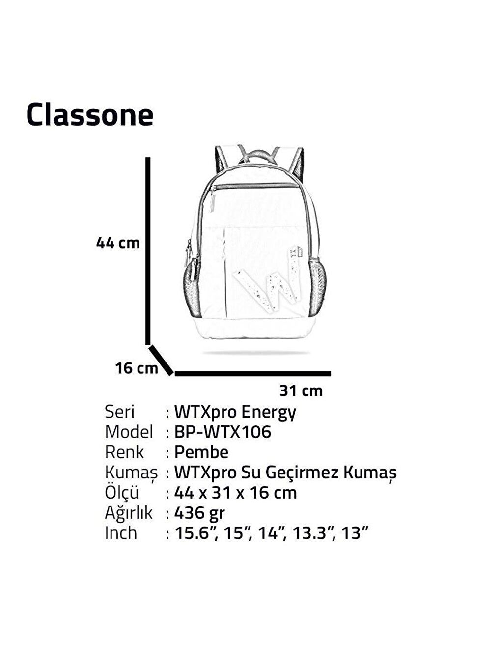 Classone Pembe 15.6" Su Geçirmez Laptop Sporcu Sırt Çantası - 4