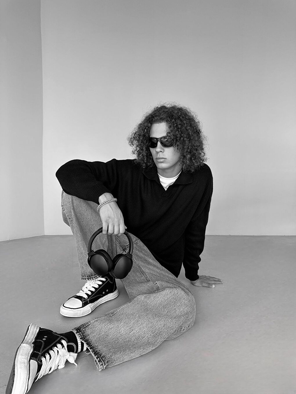 Erkek Oversize Basic Polo V Yaka Triko Kazak Siyah-4