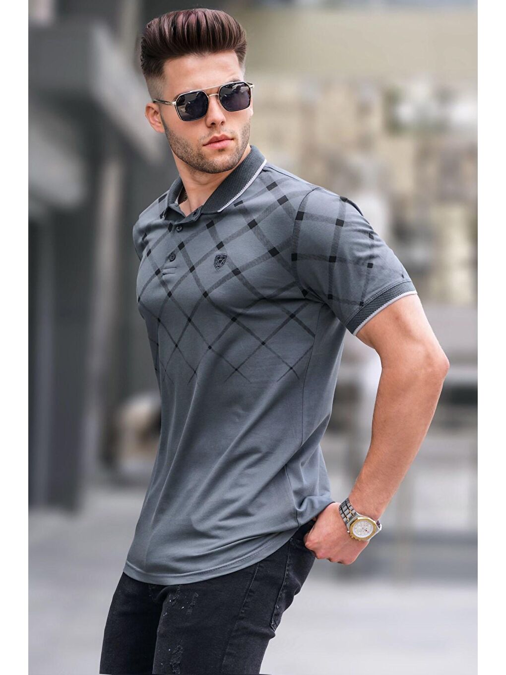 Gri Füme Düğmeli Polo Yaka Erkek Tişört 5867
