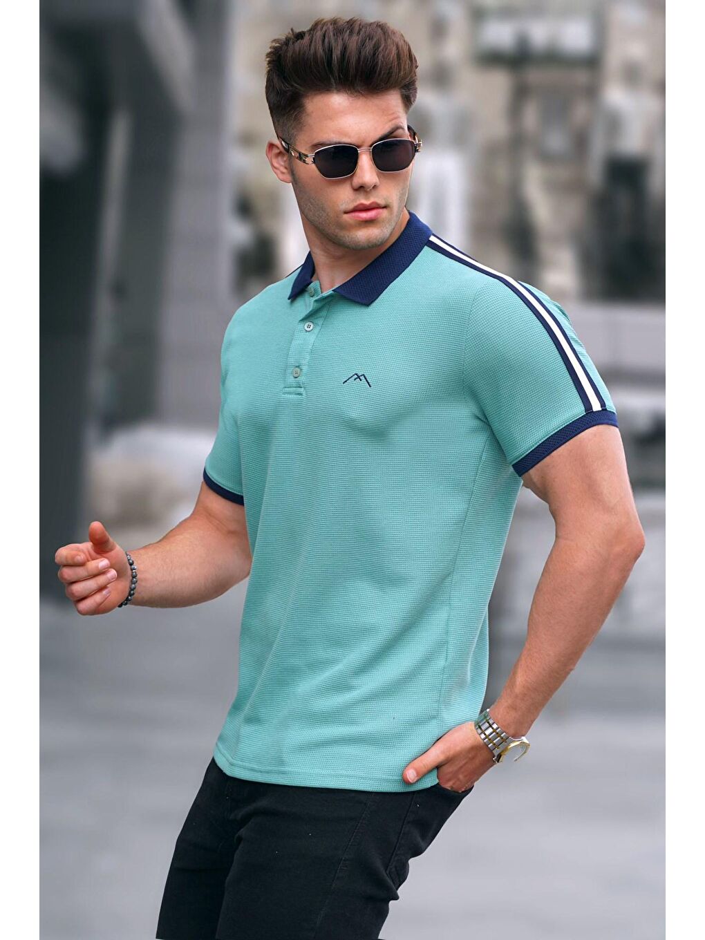 Mint Yeşili Kol Şeritli Polo Yaka Tişört 5888