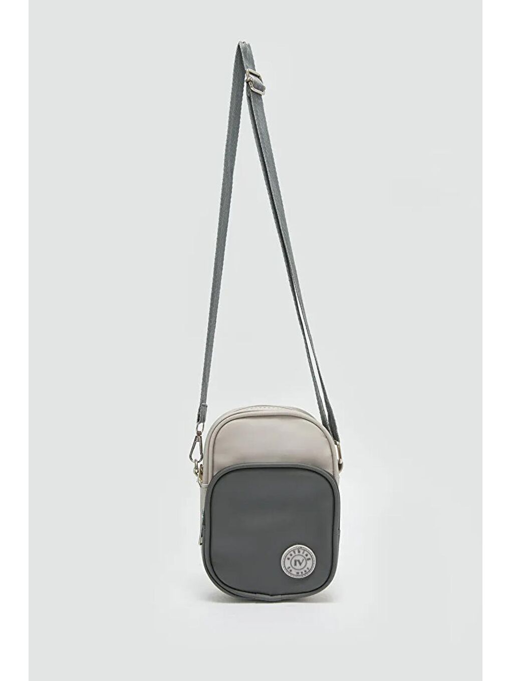 Gri Kadın Renk Bloklu Fermuarlı İki Bölmeli Telefon - Omuz Çantası (10768)
