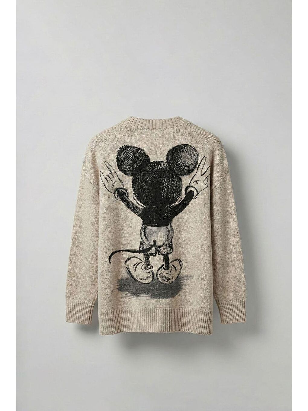 Erkek Oversize Mickey Mouse Kabartma Baskılı Kazak Bej