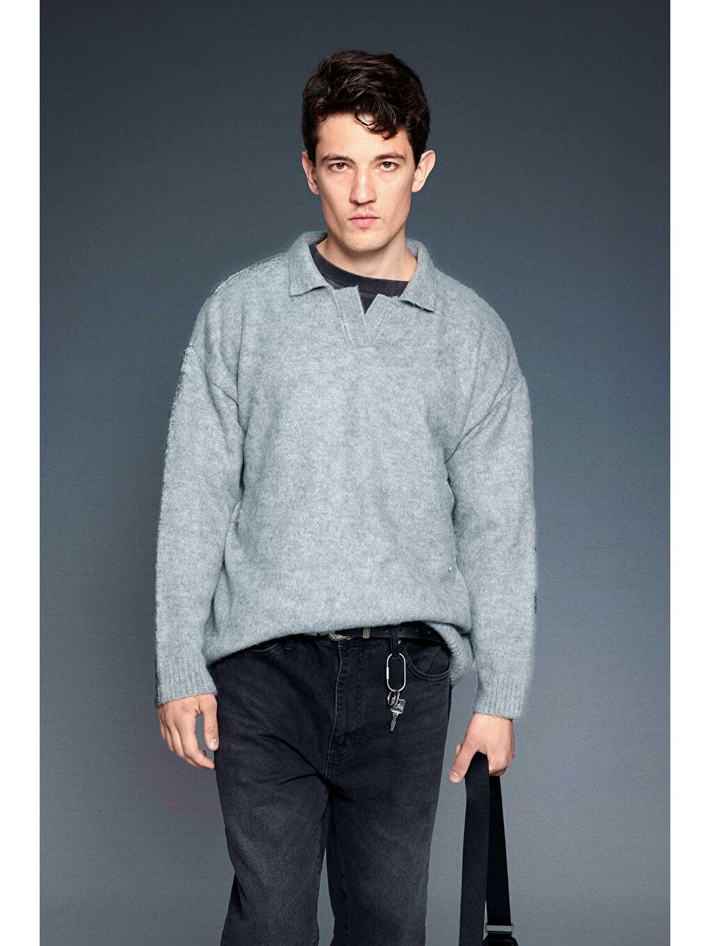 Erkek Polo Yaka Yumuşak Dokulu Oversize Kazak Gri