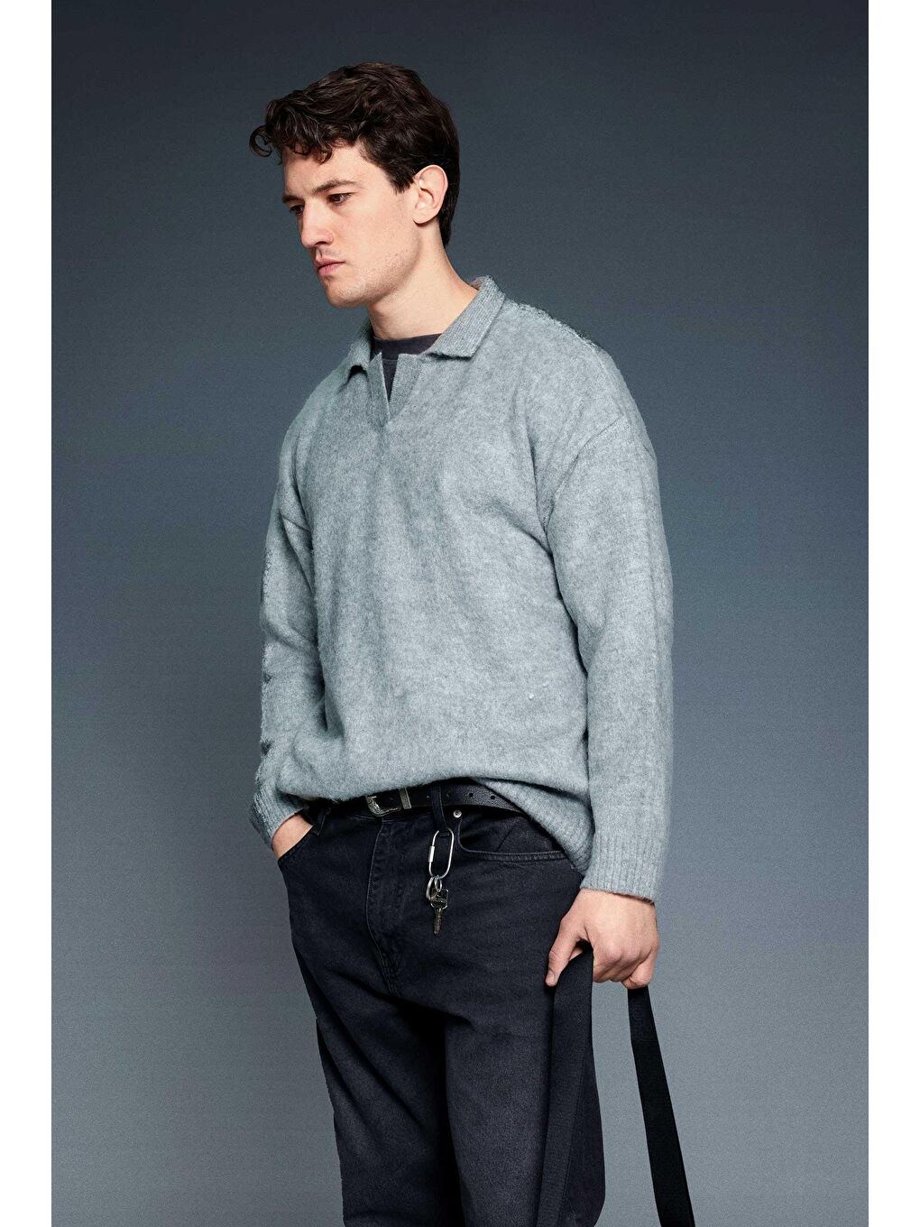 Erkek Polo Yaka Yumuşak Dokulu Oversize Kazak Gri-1