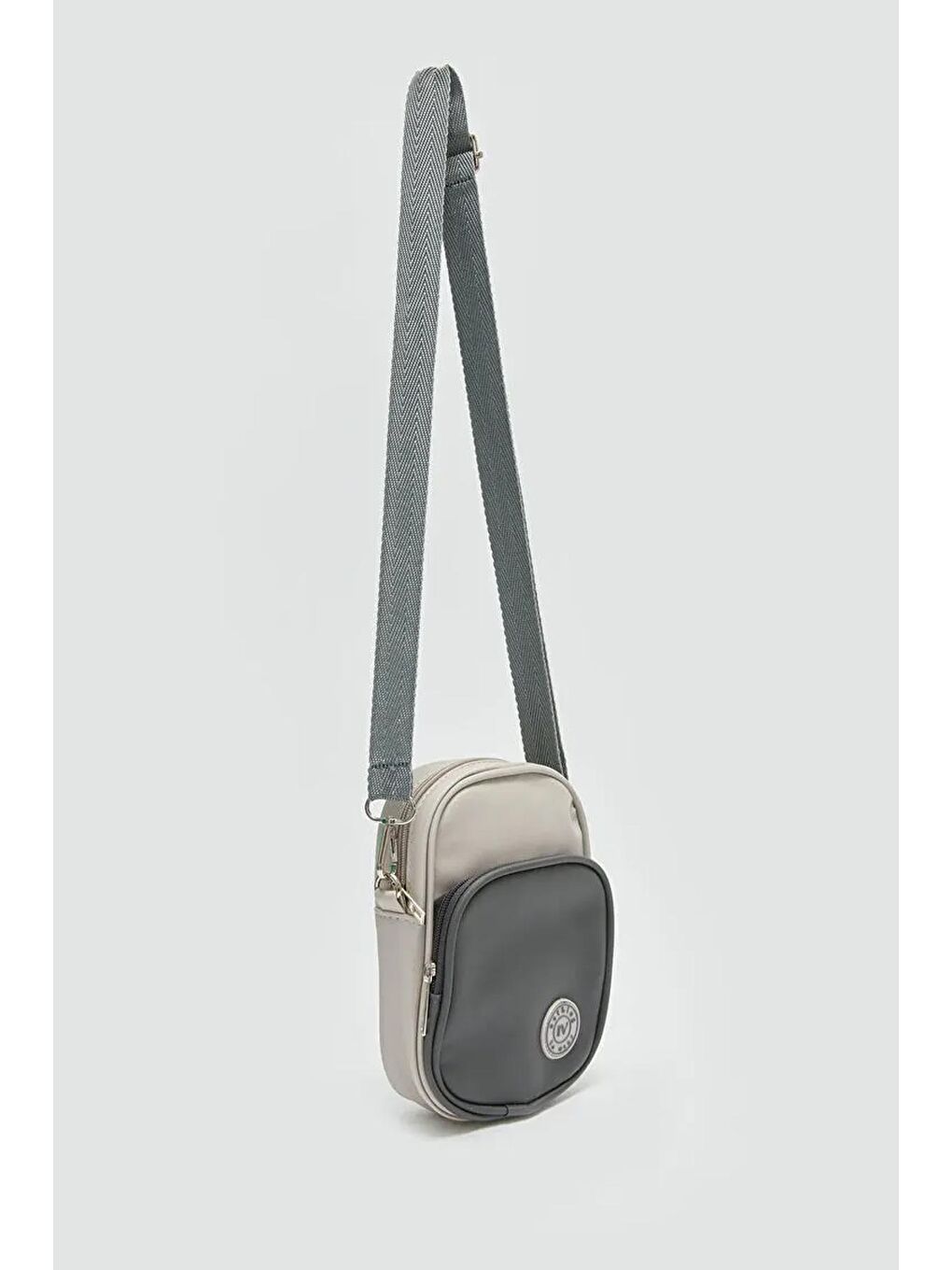 Gri Kadın Renk Bloklu Fermuarlı İki Bölmeli Telefon - Omuz Çantası (10768)-1