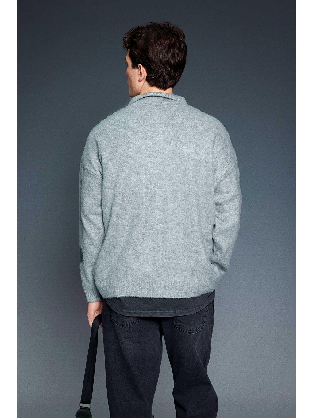 Erkek Polo Yaka Yumuşak Dokulu Oversize Kazak Gri-3