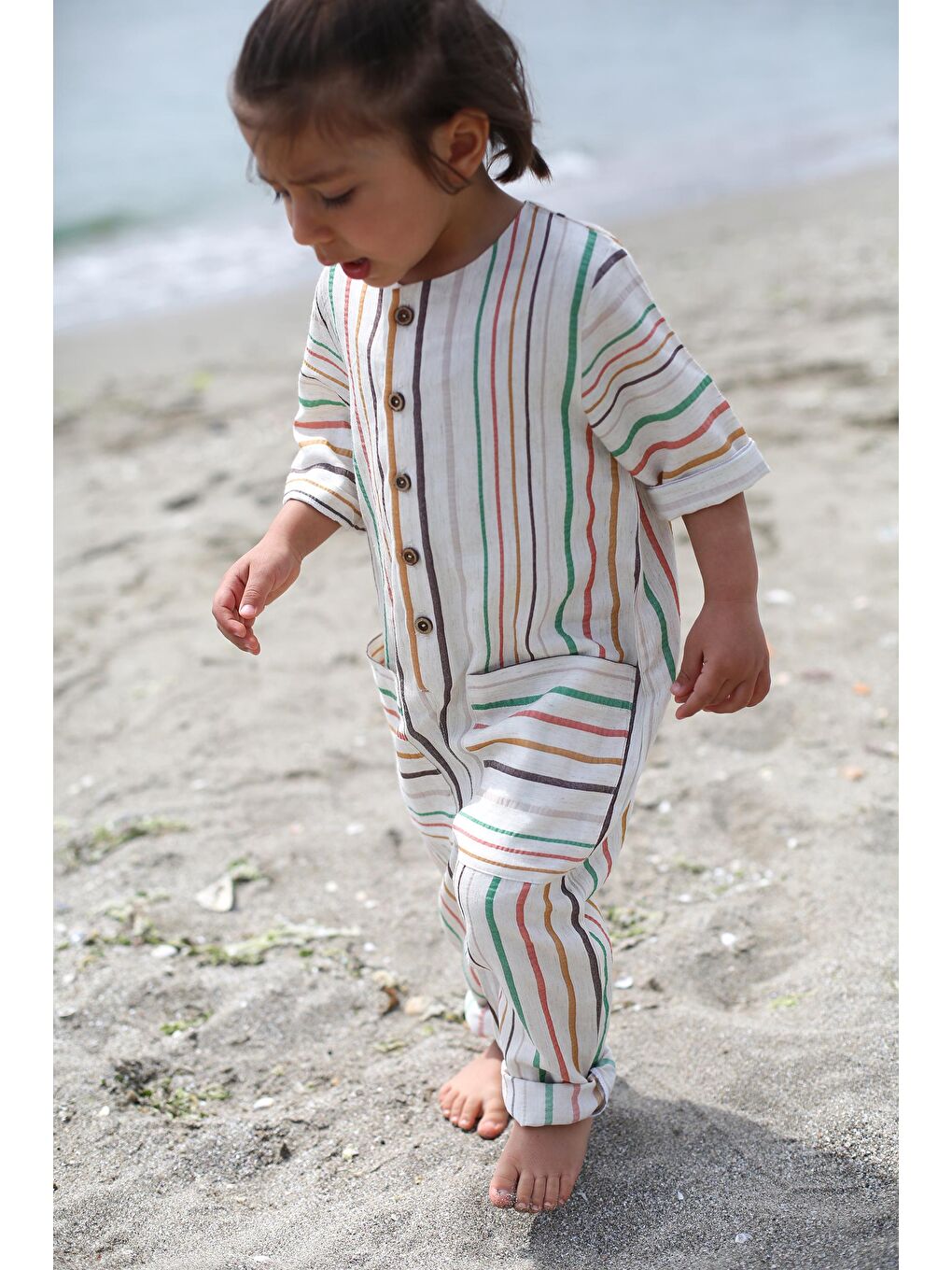 Ekru Renkli Çizgili Keten Kısa Kollu Cepli Tulum-1