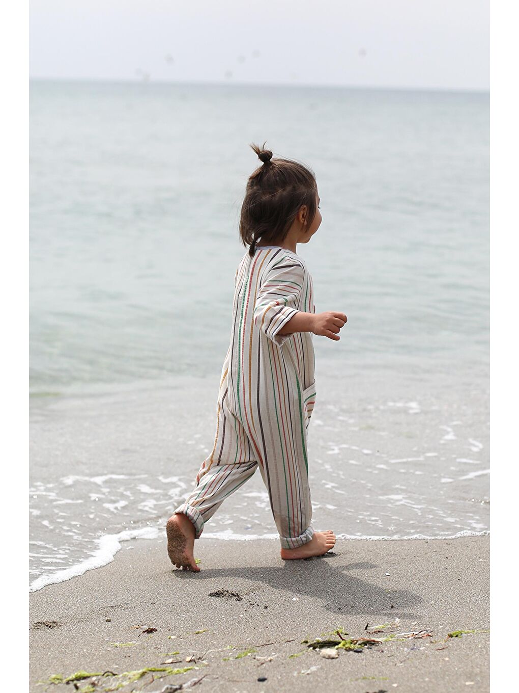 Ekru Renkli Çizgili Keten Kısa Kollu Cepli Tulum-2