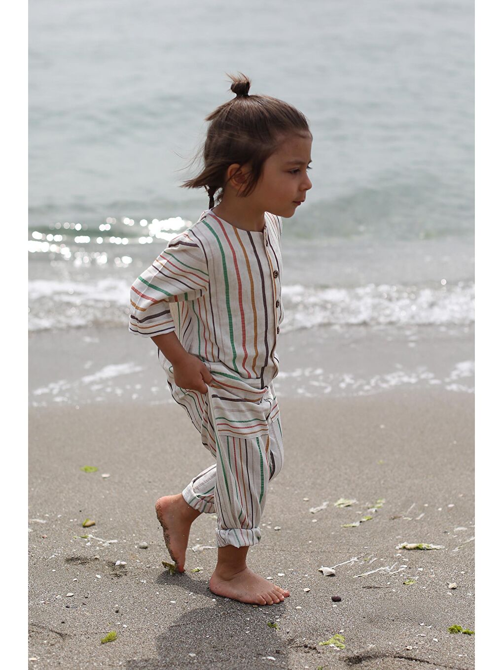 Ekru Renkli Çizgili Keten Kısa Kollu Cepli Tulum-3