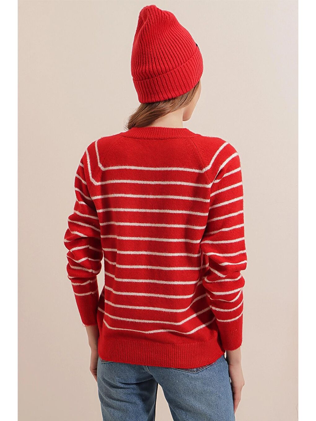 Kırmızı Sıfır Yaka Düğmeli Çizgili Kazak-3