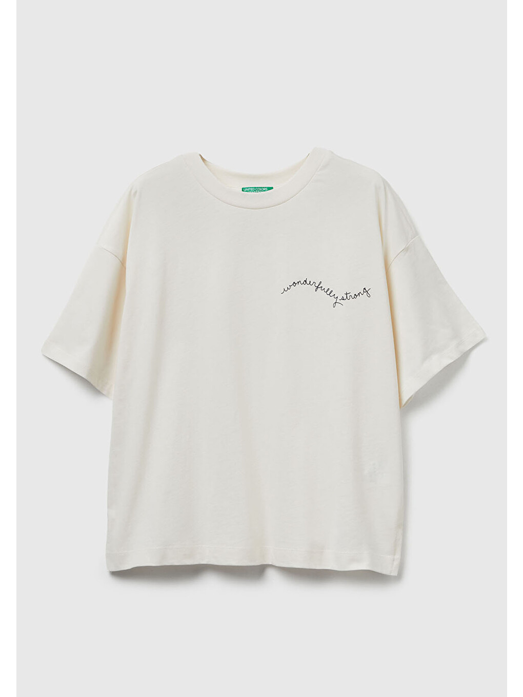 Ekru Kadın Krem %100 Pamuk Göğsü Yazı Baskılı Bisiklet Yaka T-shirt-1