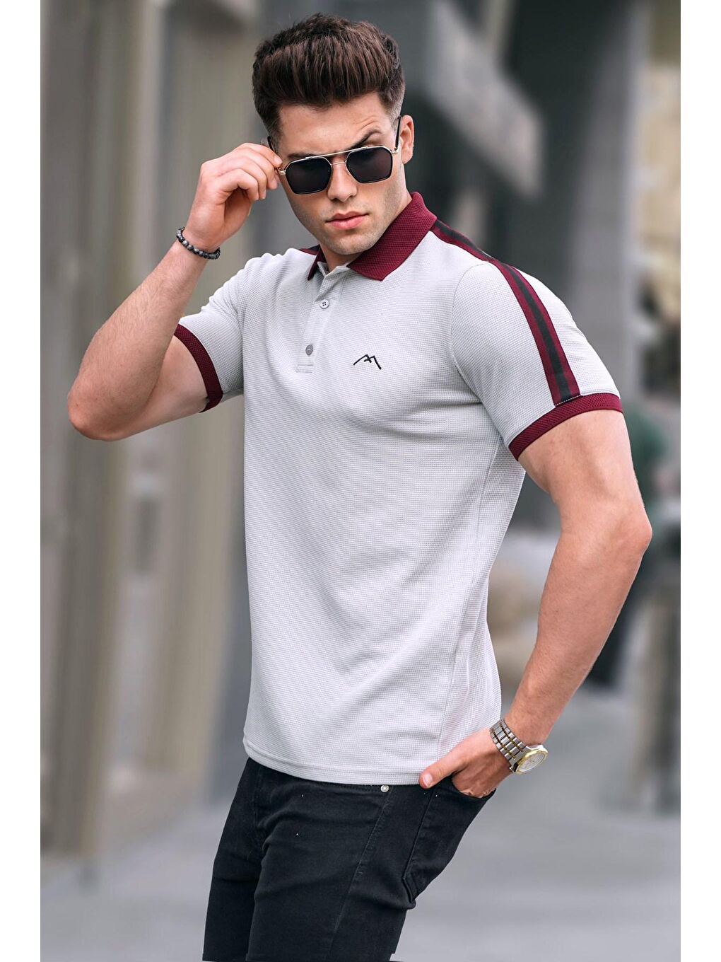 Boyalı Gri Kol Şeritli Polo Yaka Tişört 5888