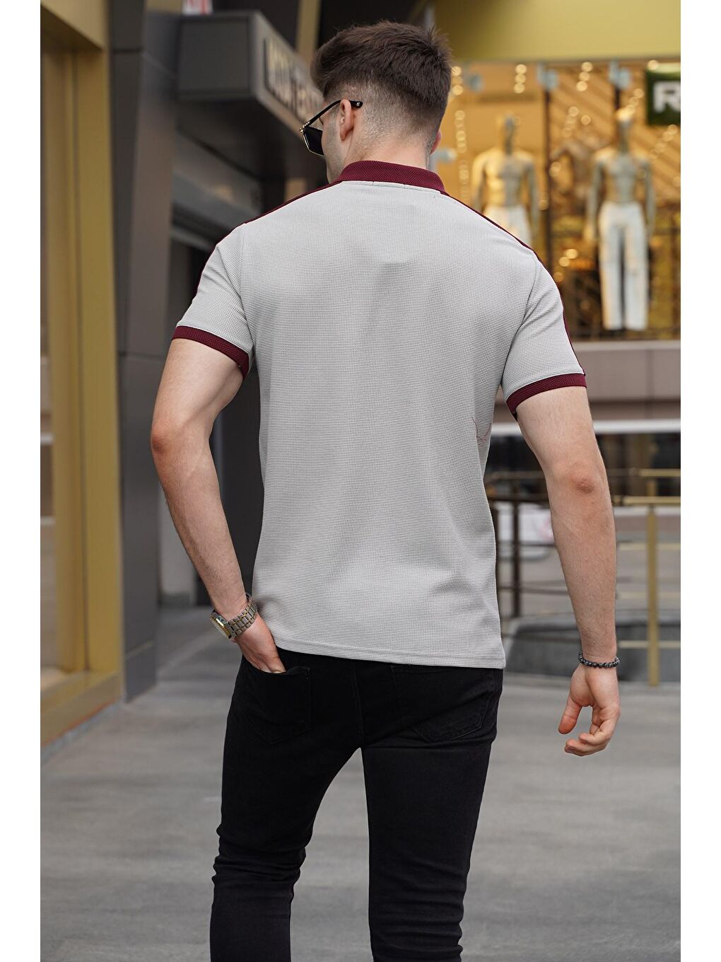 Boyalı Gri Kol Şeritli Polo Yaka Tişört 5888-1