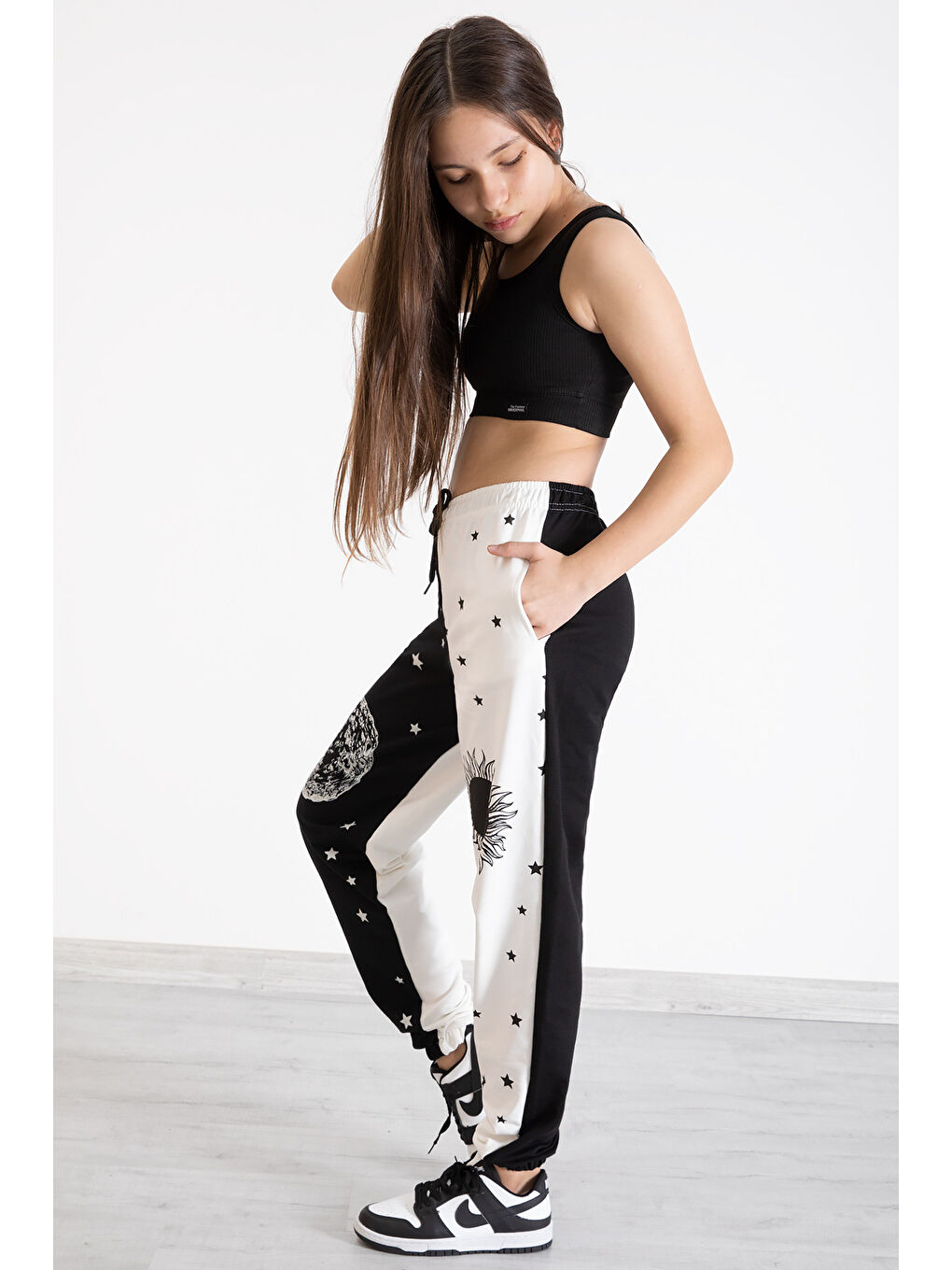 Kız Çocuk Siyah Yıldız Desenli 9-16 Yaş Eşofman Altı 12900-4