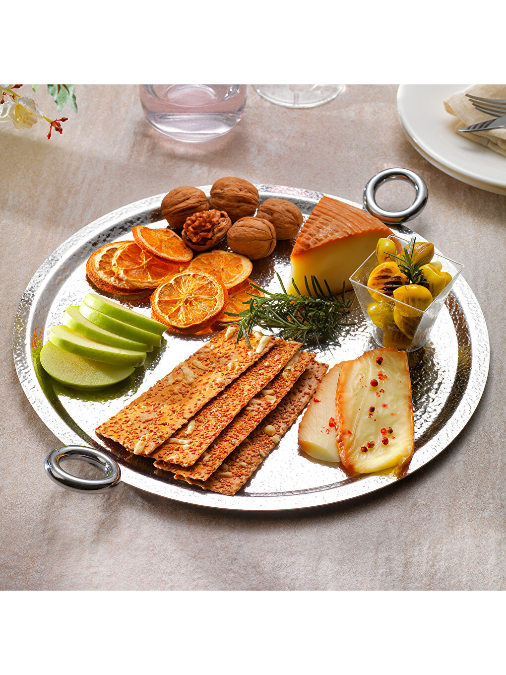 SCHAFER Gri Ottoman Desenli Sunum Tabağı 1 Parça-Gümüş