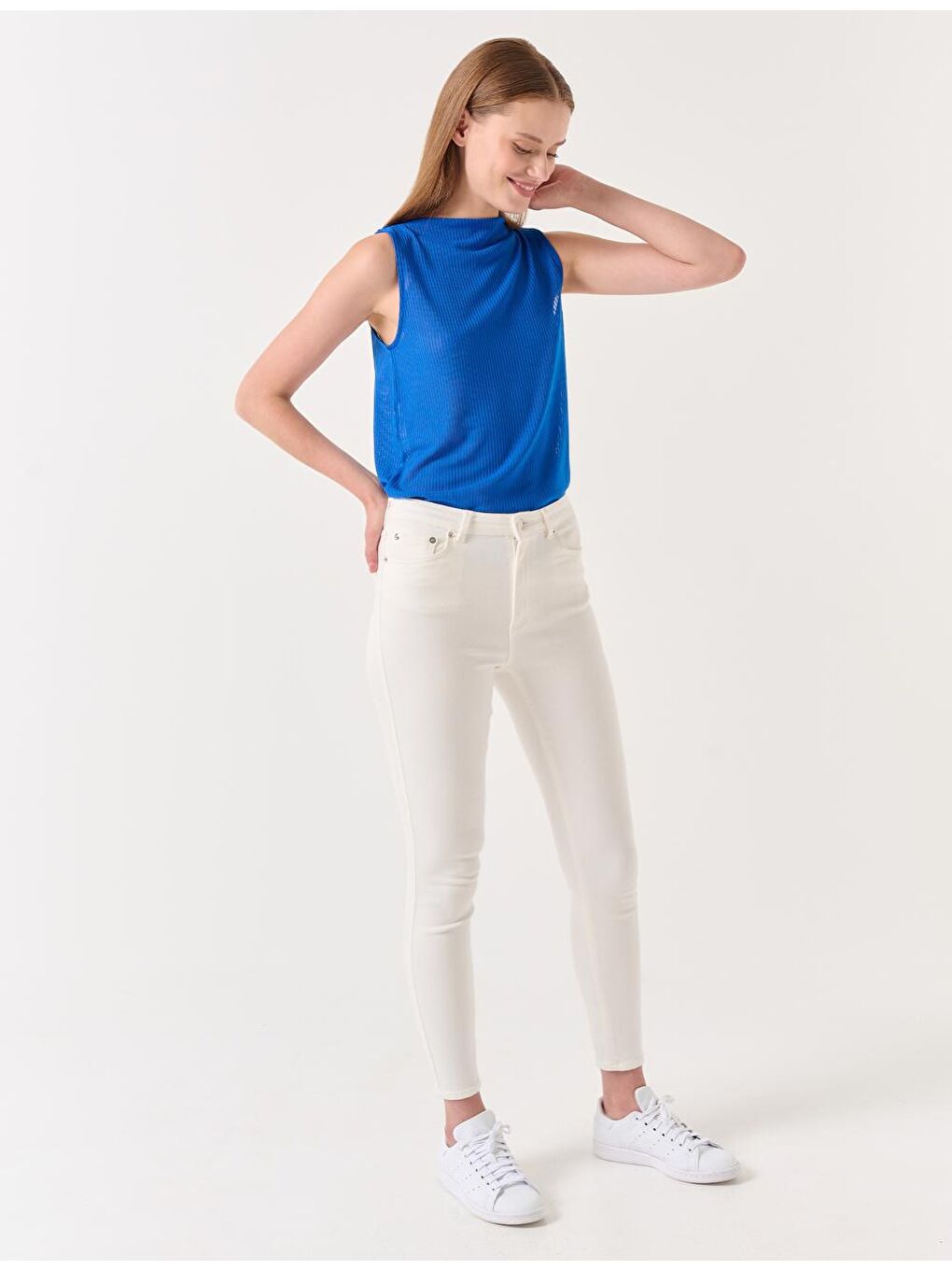 Beyaz Yüksek Bel Dar Paça Denim Pantolon-2