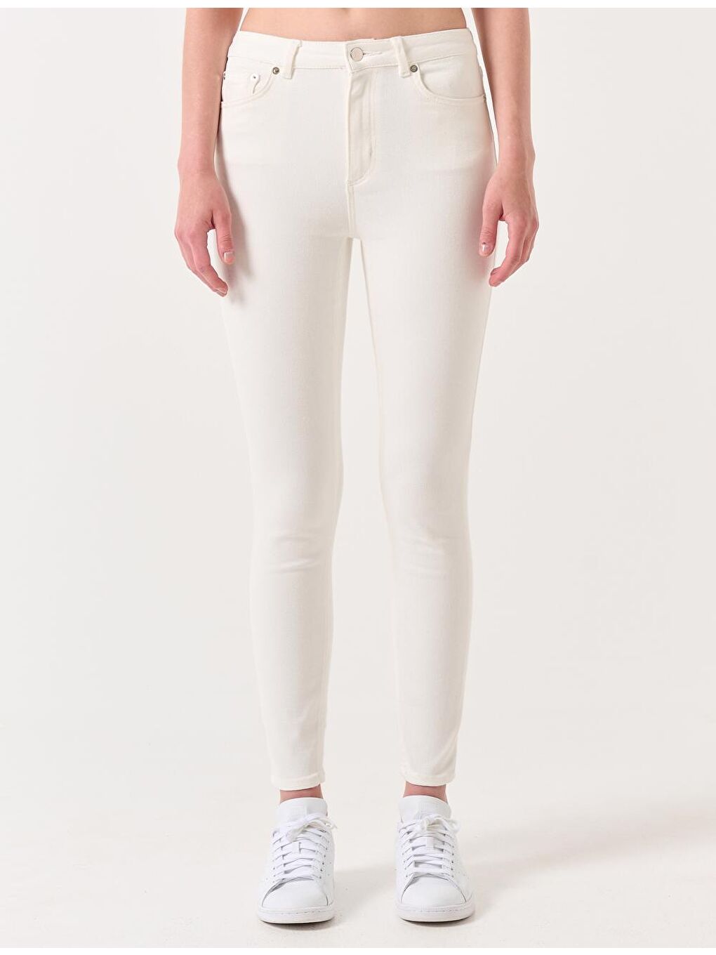 Beyaz Yüksek Bel Dar Paça Denim Pantolon-4