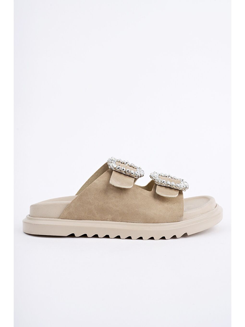 Bej HALLE Çift Bantlı Taş Detaylı Günlük Kadın Terlik