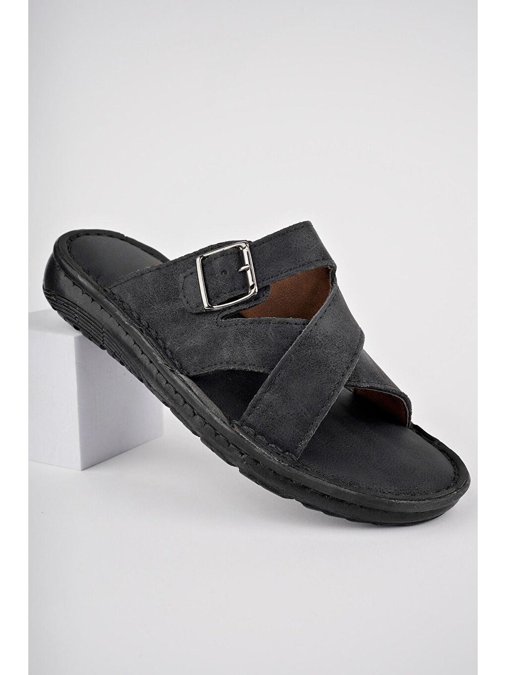 Siyah FOMAX Tokalı Yumuşak Taban Ortopedik Ayarlanabilir Erkek Terlik-3