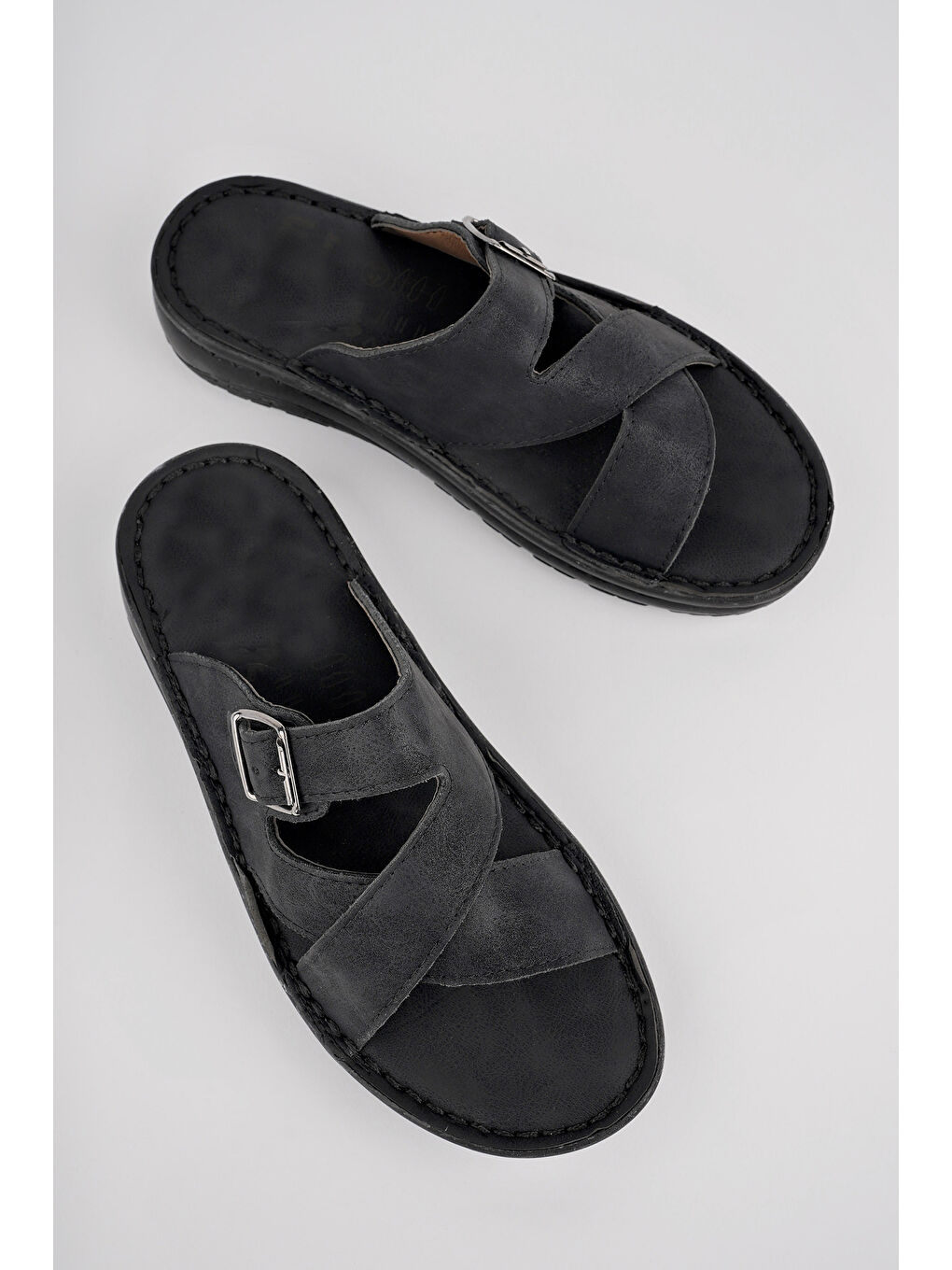 Siyah FOMAX Tokalı Yumuşak Taban Ortopedik Ayarlanabilir Erkek Terlik-4