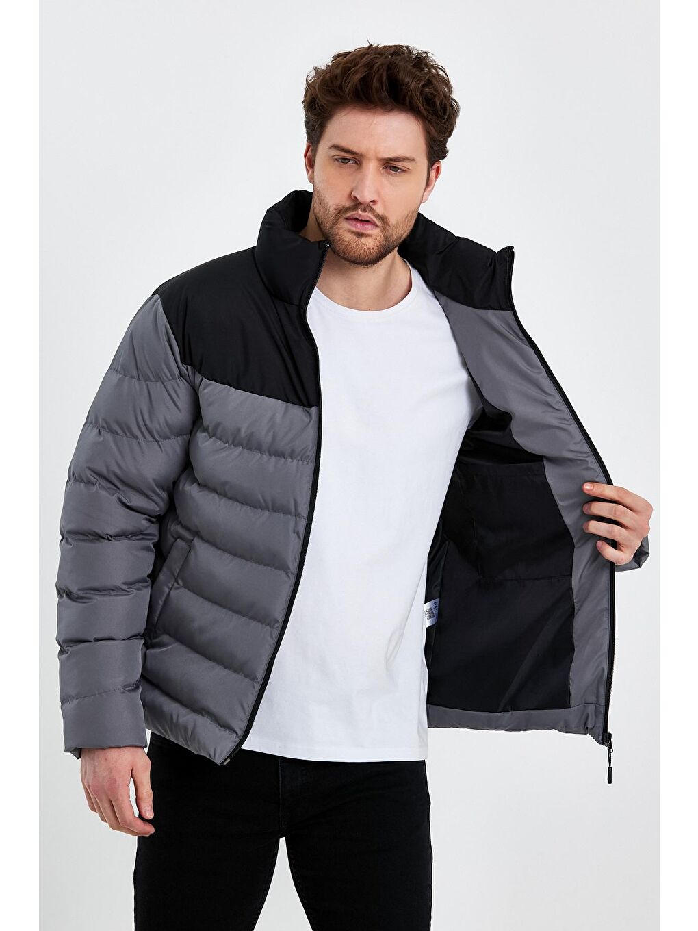 Erkek Siyah Gri Dolumlu Şişme Rahat Kesim Çift Renkli Fermuarlı Mont-2