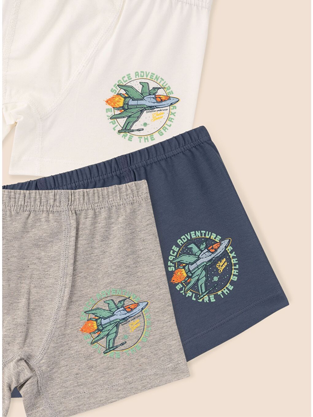Ekru Erkek Çocuk Organik Pamuklu Elastanlı Boxer Space Adventure 3 lü Paket