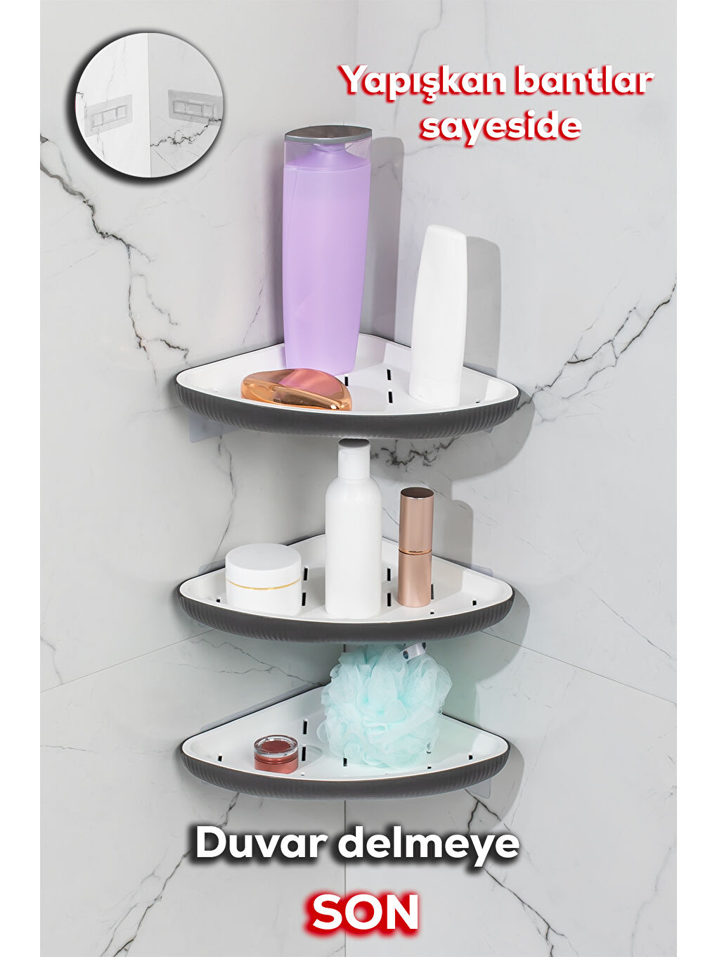 Antrasit 3lü Yapışkanlı Banyo Düzenleyici Duş Rafı - Şampuanlık Sabunluk Banyo Köşeliği - Duşakabin Köşe Rafı-1
