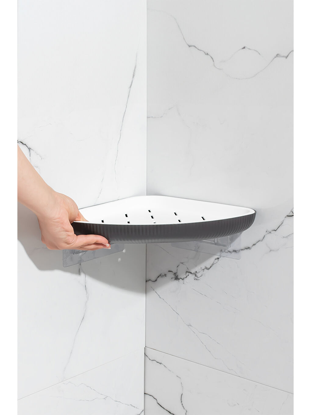 Antrasit 3lü Yapışkanlı Banyo Düzenleyici Duş Rafı - Şampuanlık Sabunluk Banyo Köşeliği - Duşakabin Köşe Rafı-2