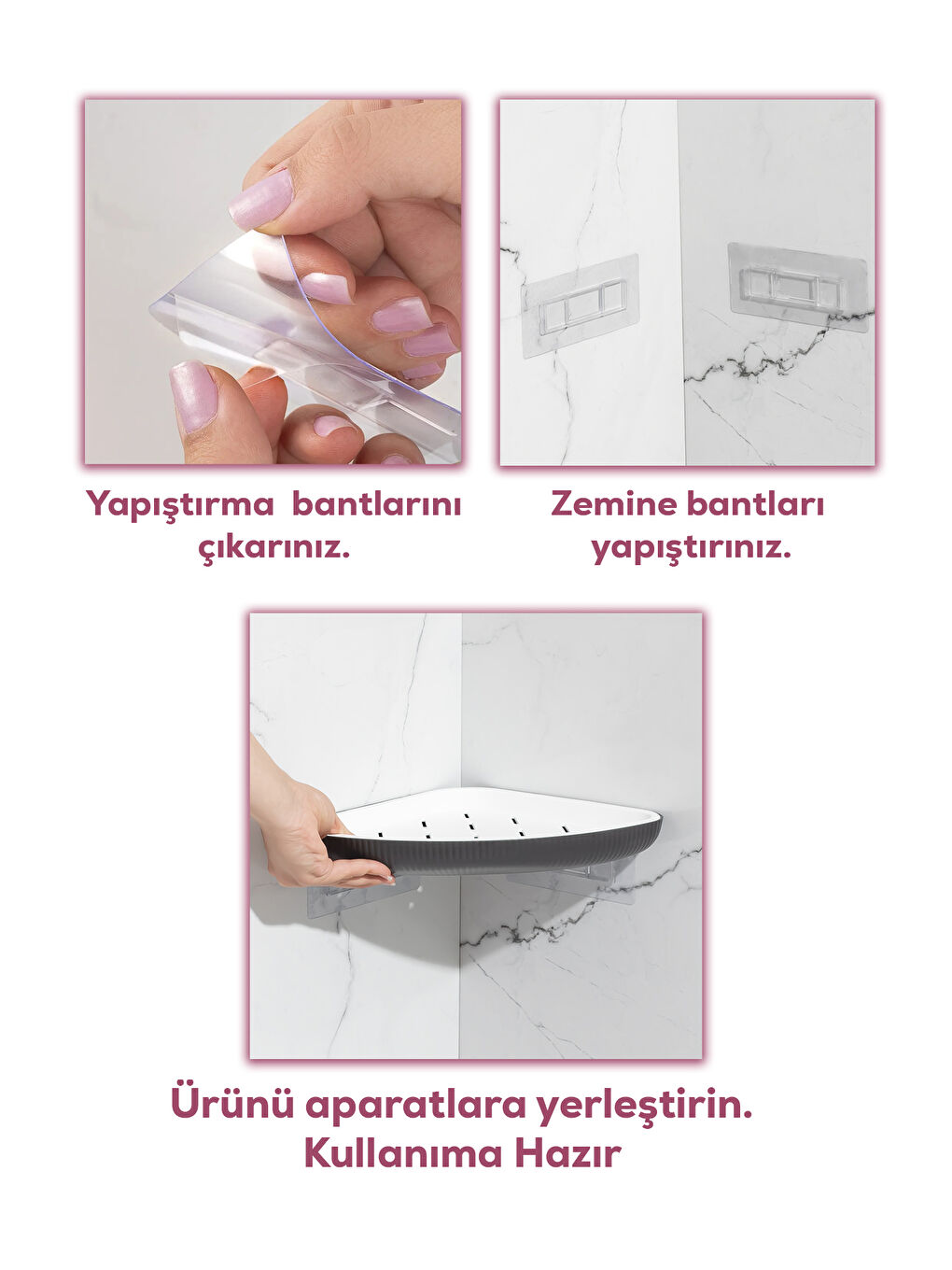 Antrasit 3lü Yapışkanlı Banyo Düzenleyici Duş Rafı - Şampuanlık Sabunluk Banyo Köşeliği - Duşakabin Köşe Rafı-3