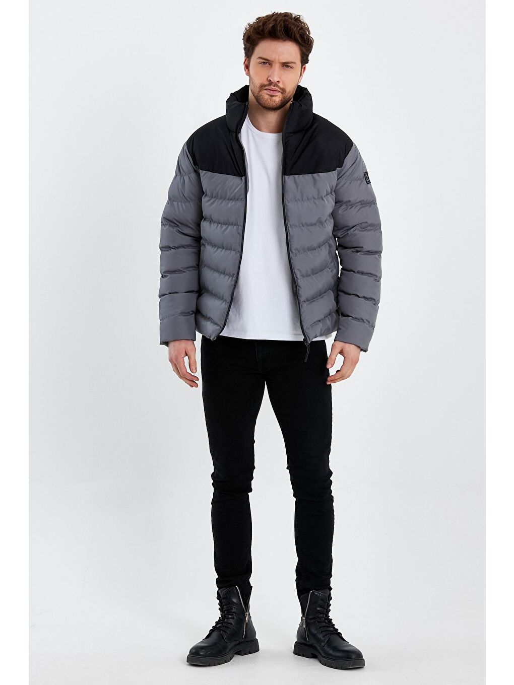 Erkek Siyah Gri Dolumlu Şişme Rahat Kesim Çift Renkli Fermuarlı Mont-3