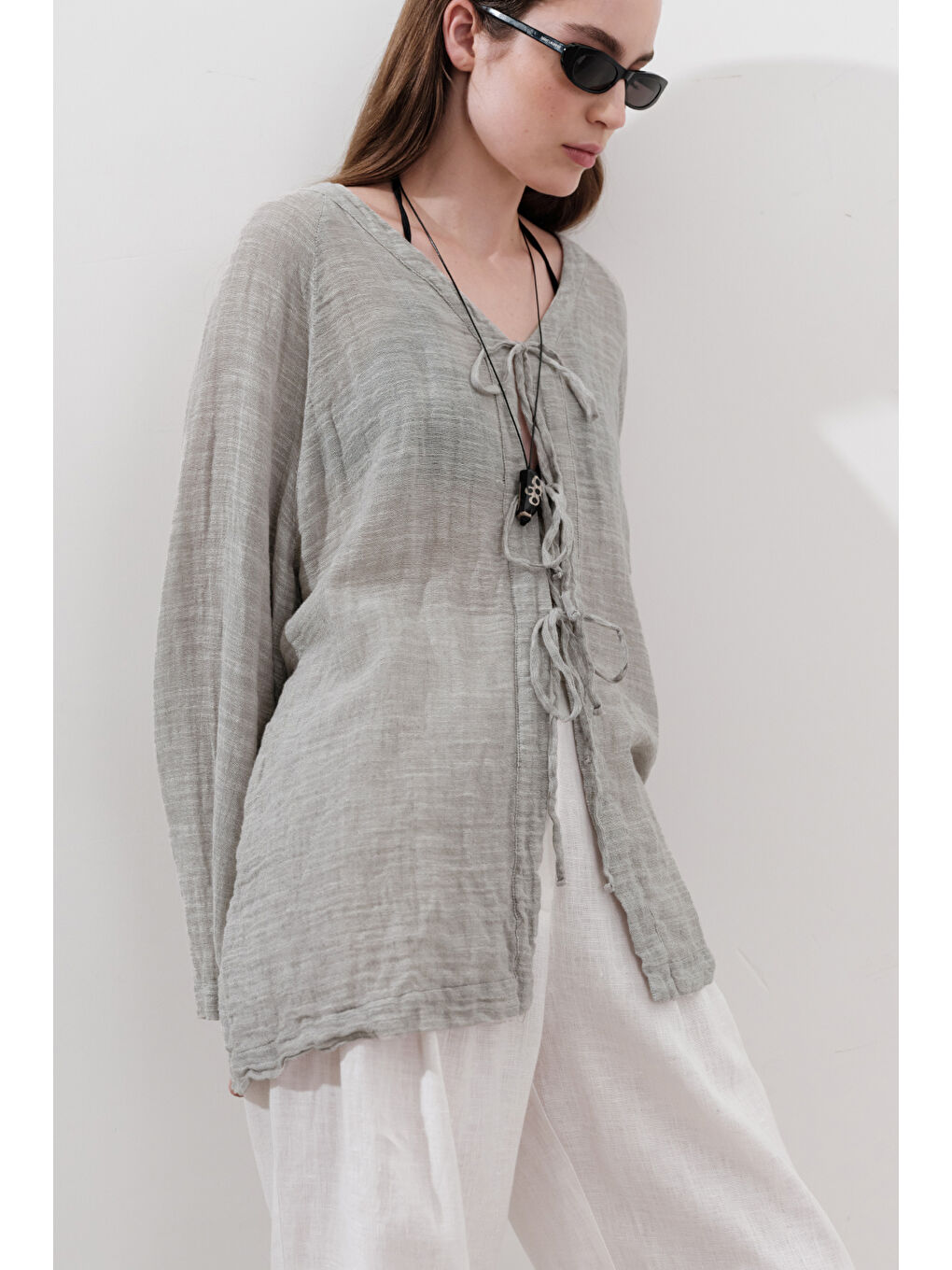 Bej Keten Karışımlı Bağlamalı Bluz Natural-2