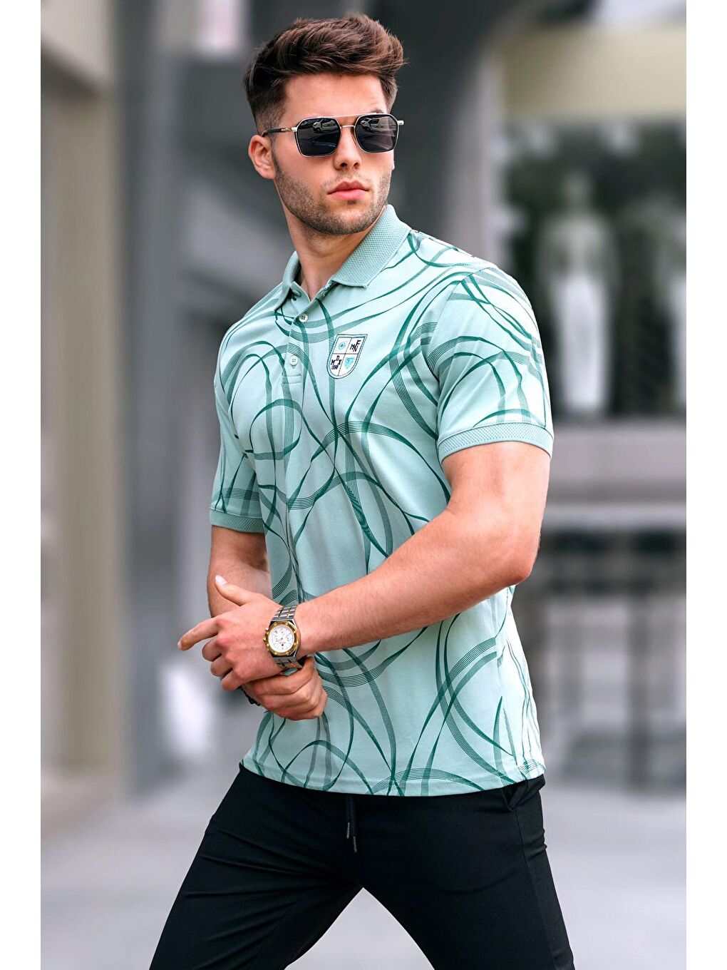 Mint Yeşili Desenli Polo Yaka Tişört 5873