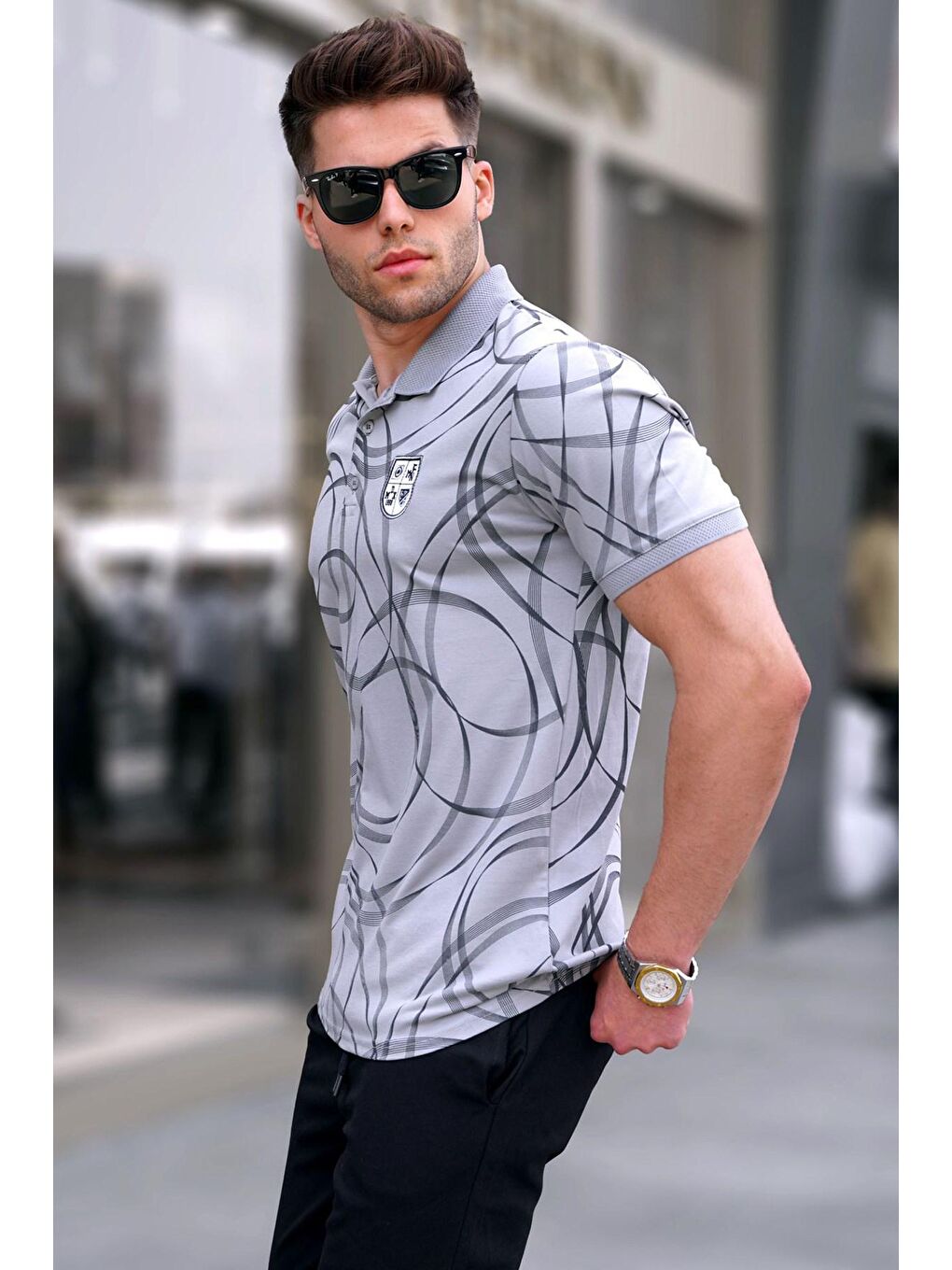 Boyalı Gri Desenli Polo Yaka Tişört 5873