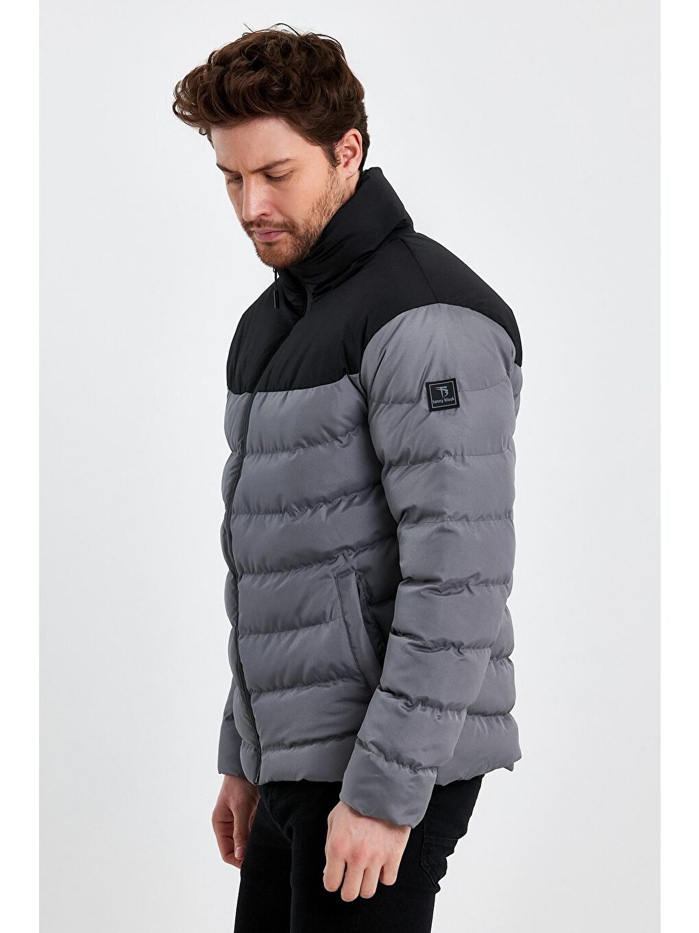 Erkek Siyah Gri Dolumlu Şişme Rahat Kesim Çift Renkli Fermuarlı Mont-4