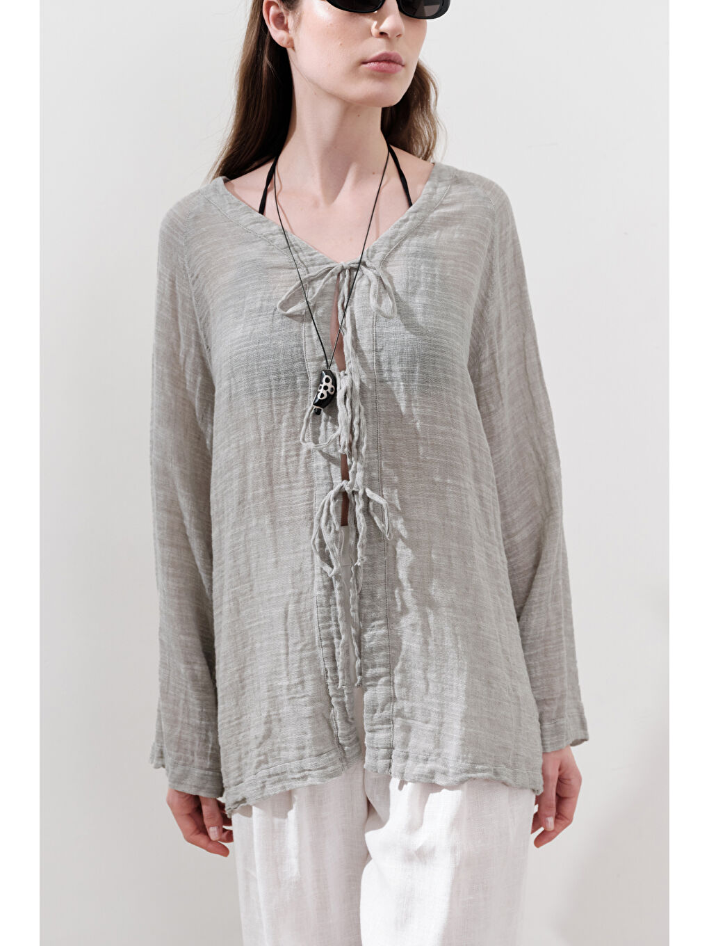 Bej Keten Karışımlı Bağlamalı Bluz Natural-3